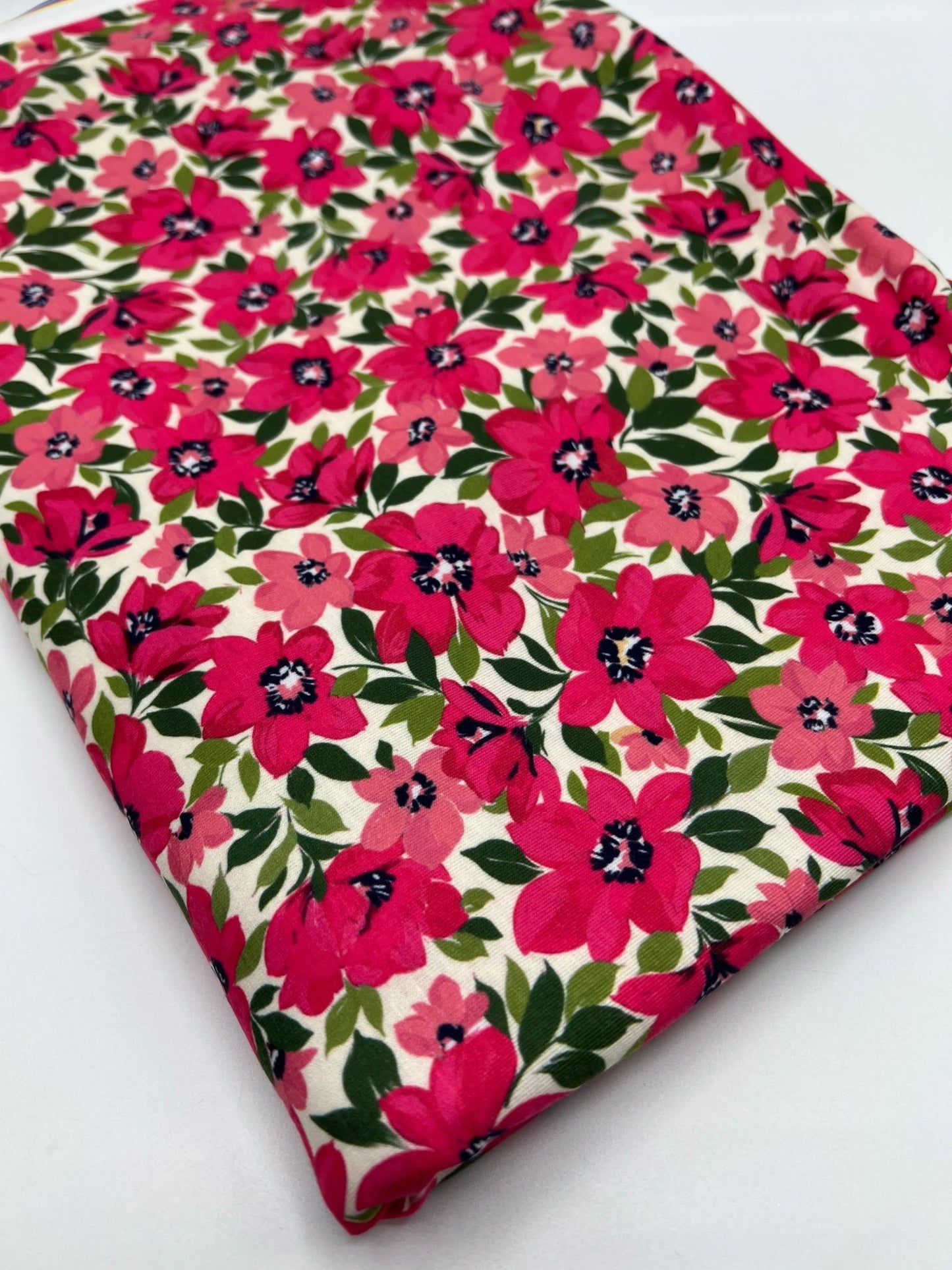 Cerise Floral Print Viscose Elastane 4 Way Stretch Fabric - T9 Fabrics