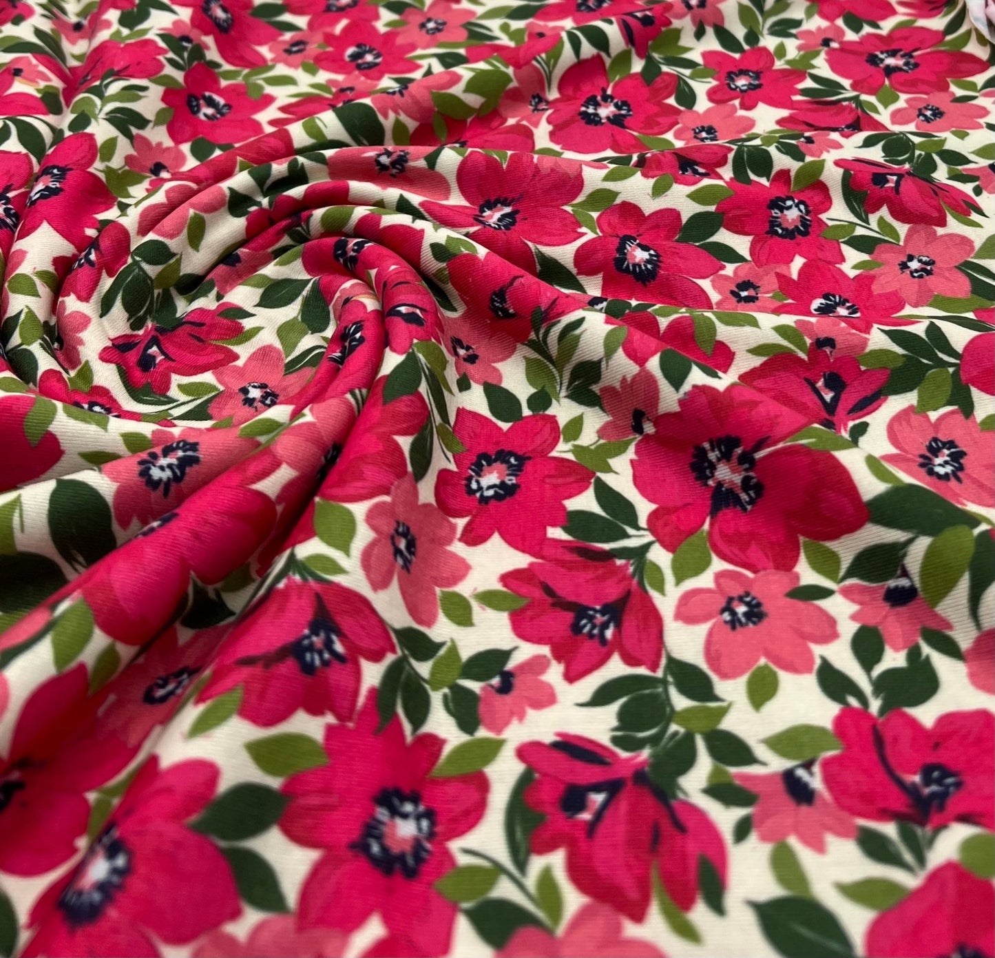 Cerise Floral Print Viscose Elastane 4 Way Stretch Fabric - T9 Fabrics