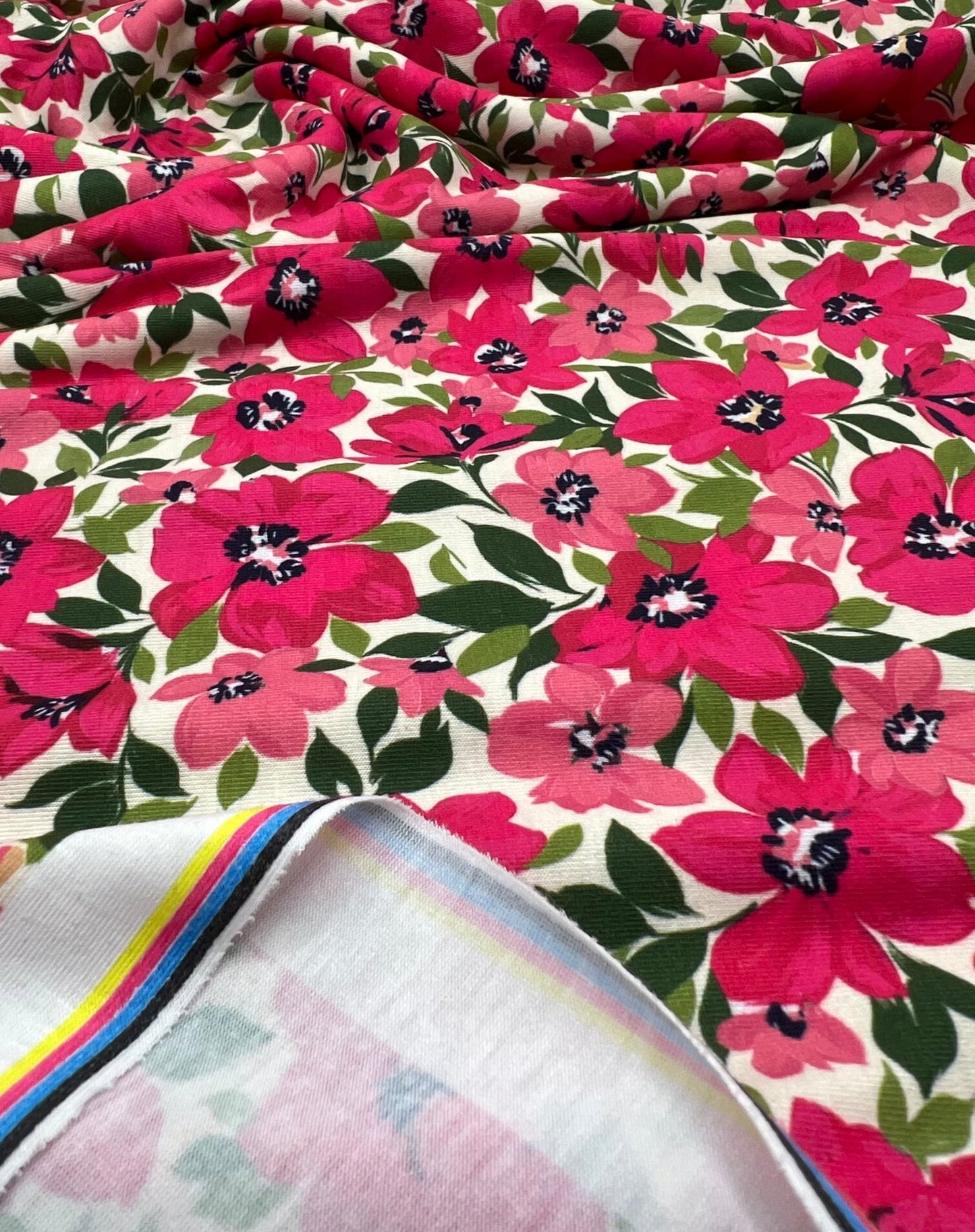 Cerise Floral Print Viscose Elastane 4 Way Stretch Fabric - T9 Fabrics