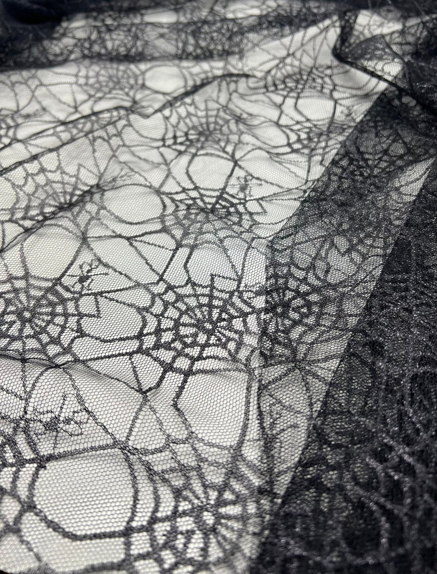 Dark Grey Black Cobweb Halloween Print Mesh Fabric Stretch - T9 Fabrics