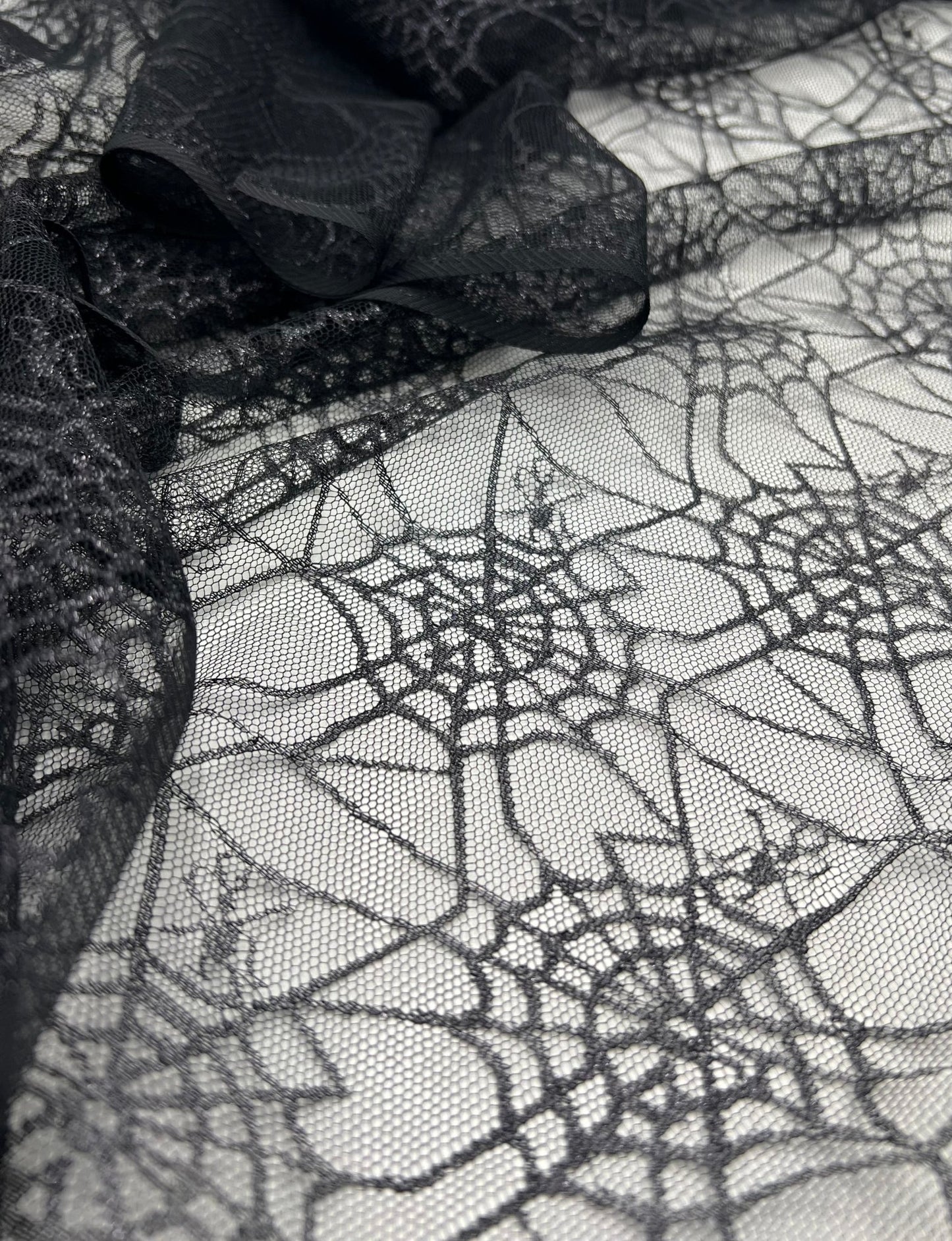 Dark Grey Black Cobweb Halloween Print Mesh Fabric Stretch - T9 Fabrics