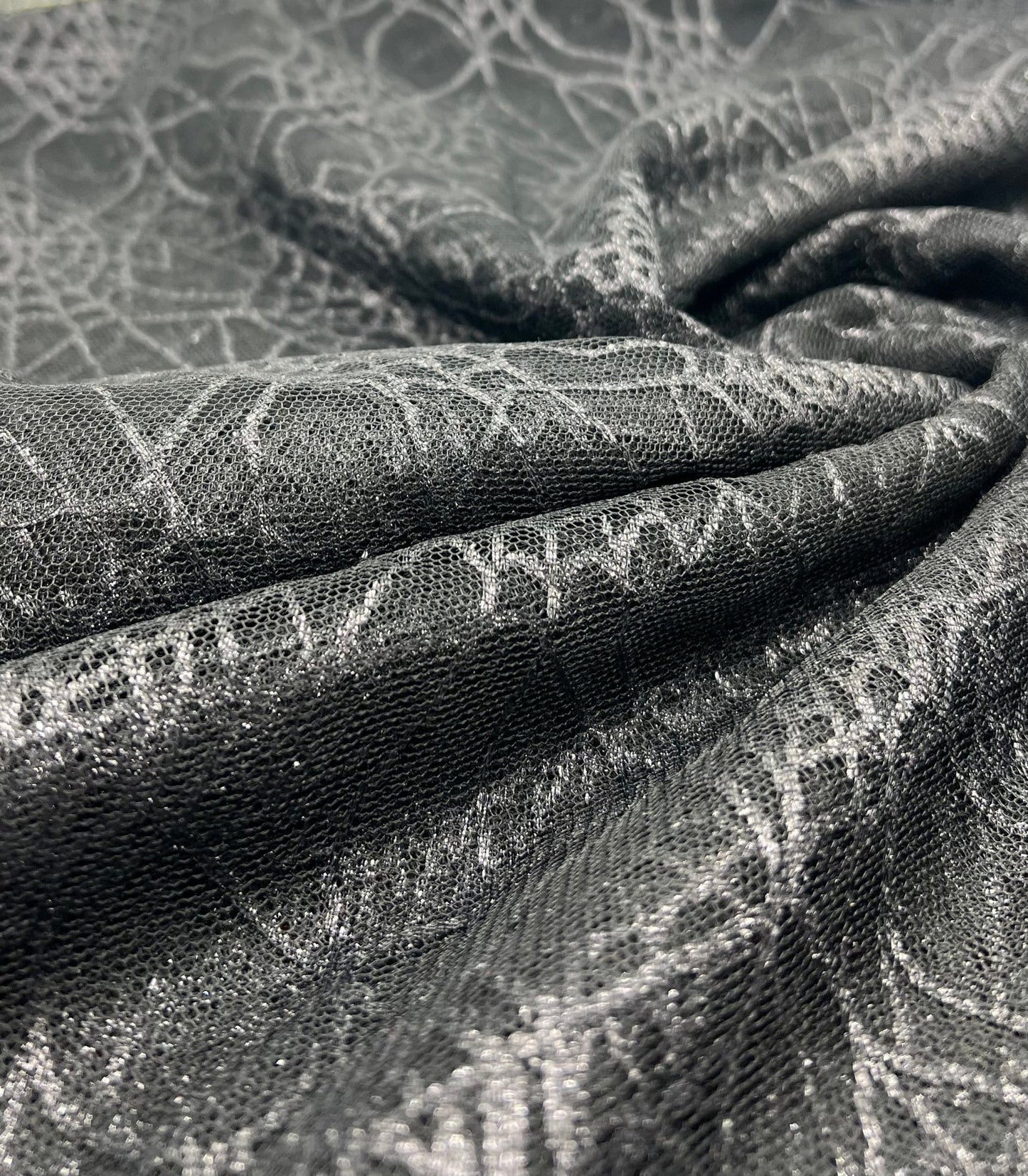 Dark Grey Black Cobweb Halloween Print Mesh Fabric Stretch - T9 Fabrics