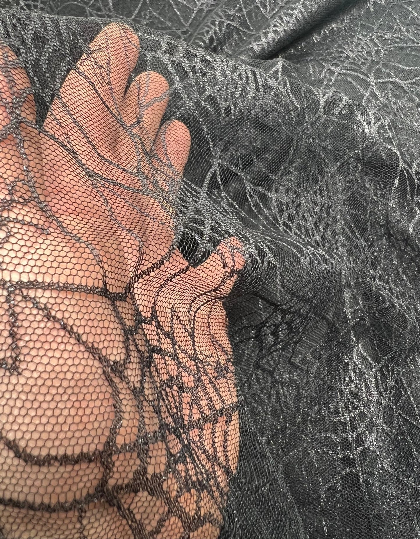 Dark Grey Black Cobweb Halloween Print Mesh Fabric Stretch - T9 Fabrics