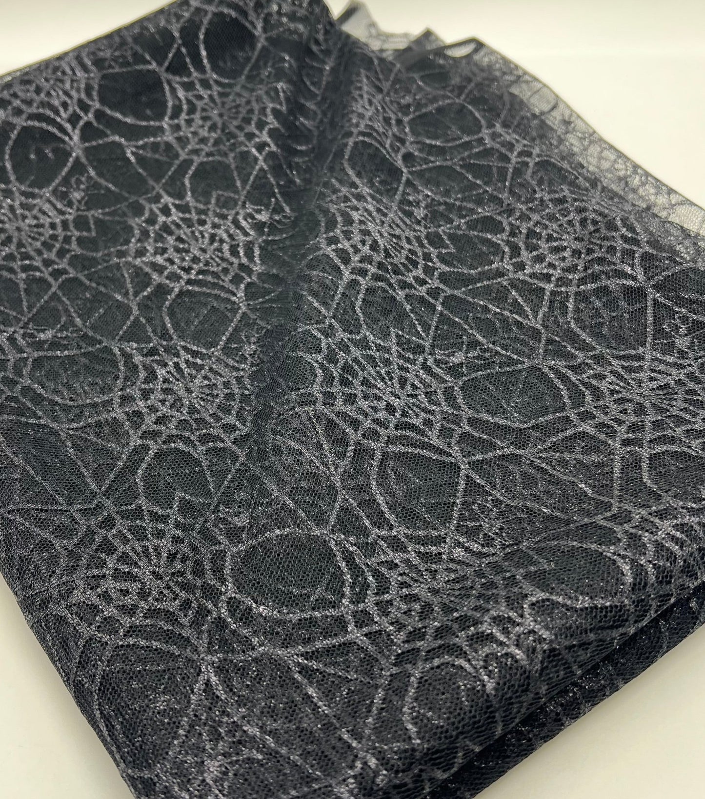 Dark Grey Black Cobweb Halloween Print Mesh Fabric Stretch - T9 Fabrics