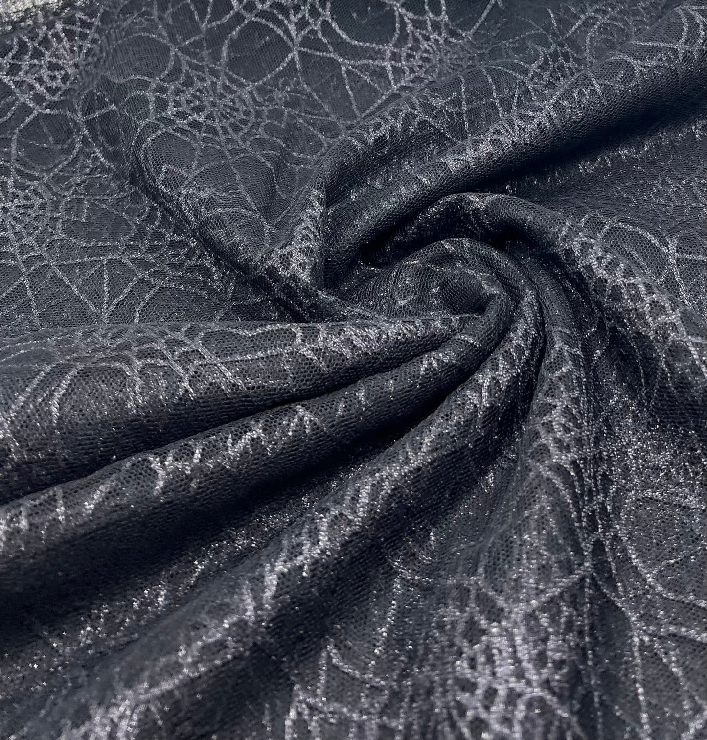 Dark Grey Black Cobweb Halloween Print Mesh Fabric Stretch - T9 Fabrics