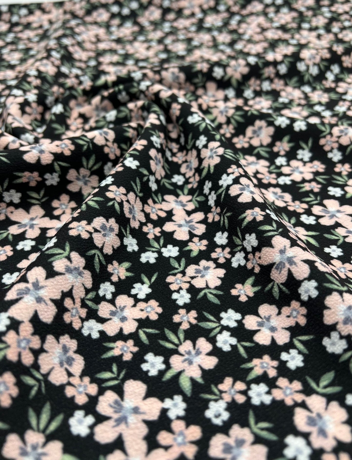 Ditsy Nude Green Floral Print Lightweight Bubble Crepe Fabric - T9 Fabrics