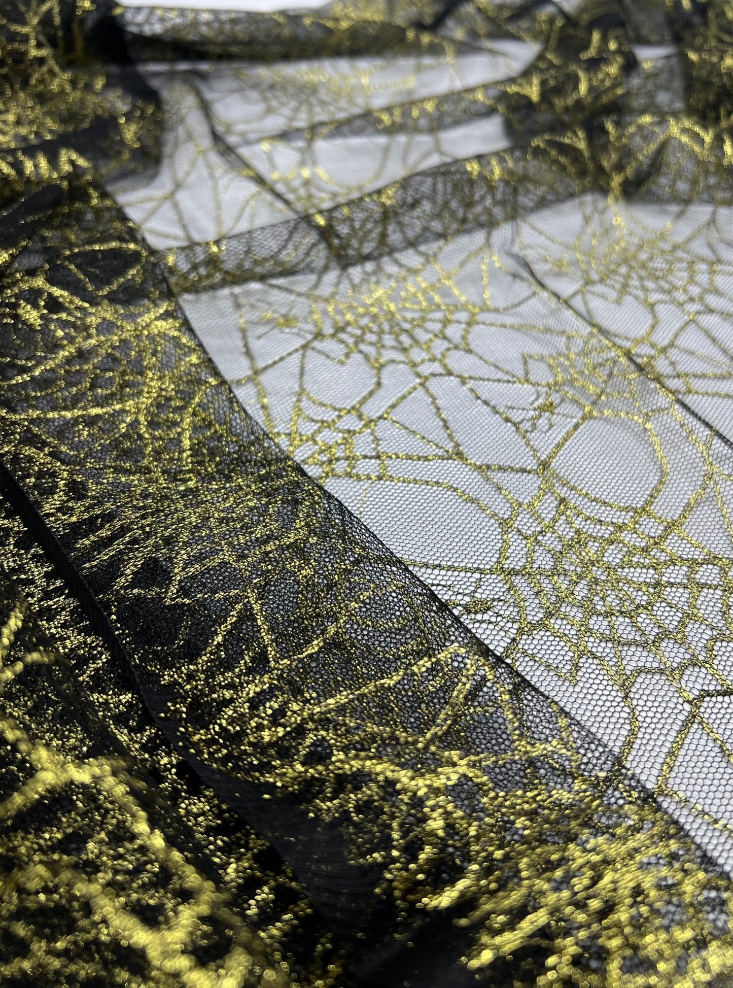 Gold Black Cobweb Halloween Print Mesh Fabric Stretch - T9 Fabrics