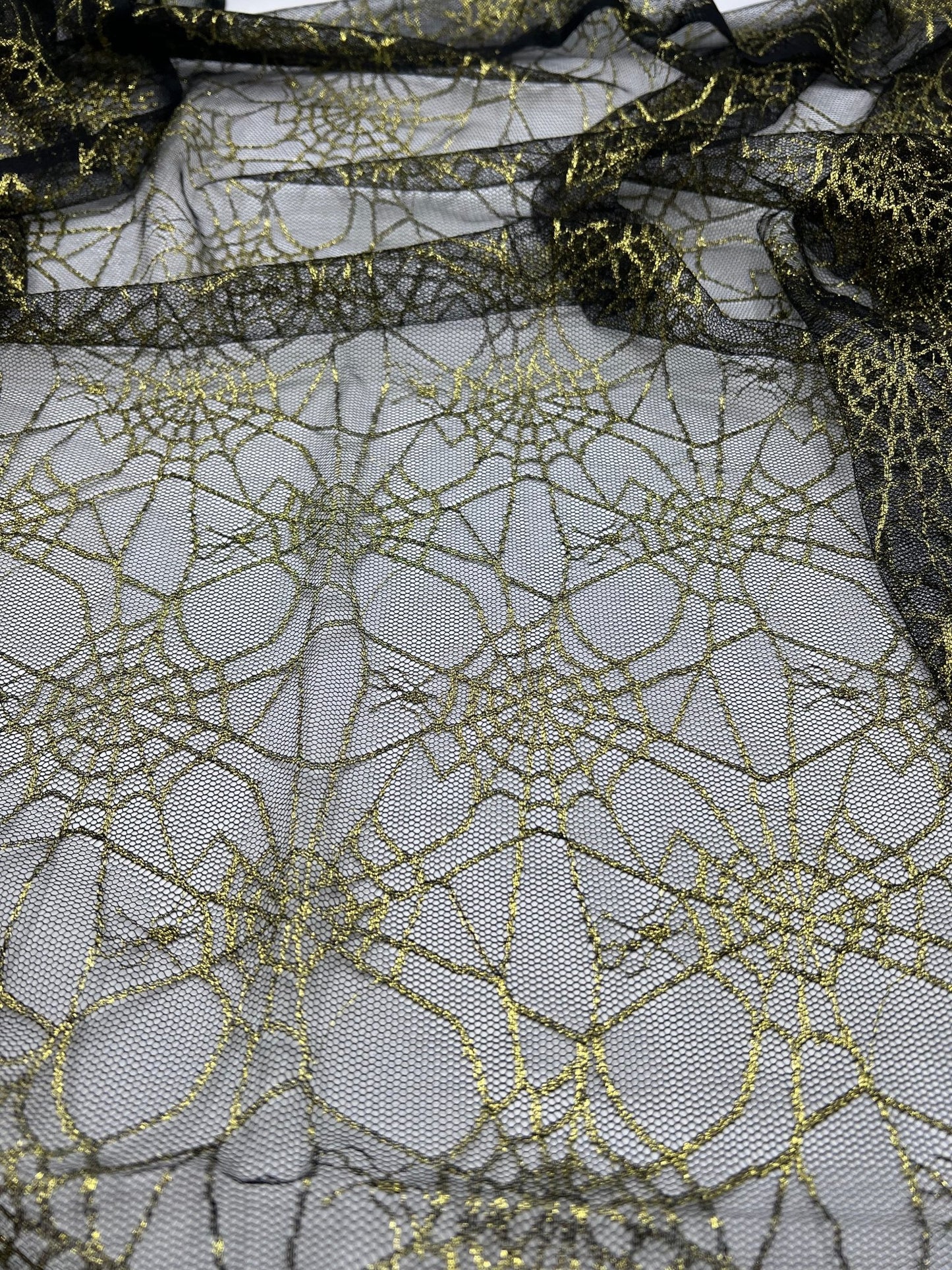 Gold Black Cobweb Halloween Print Mesh Fabric Stretch - T9 Fabrics