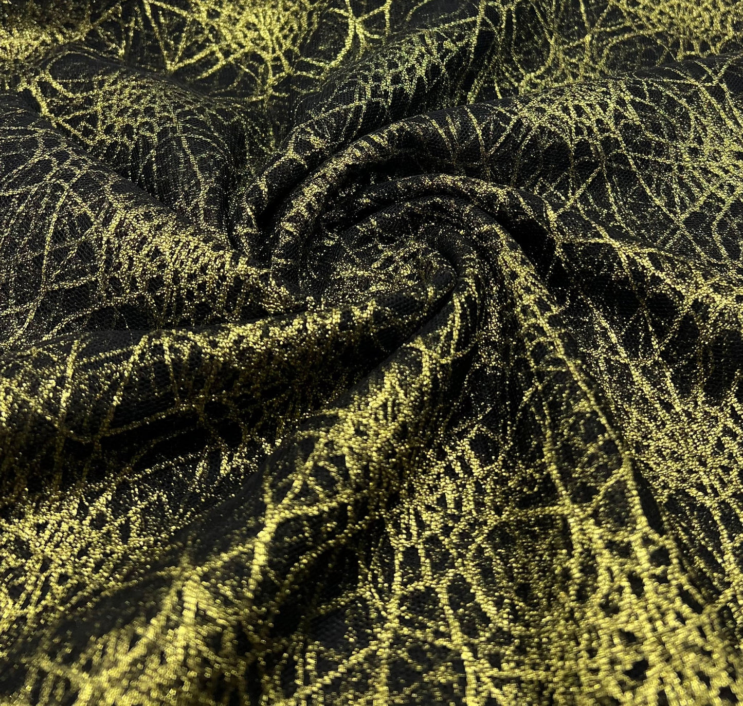 Gold Black Cobweb Halloween Print Mesh Fabric Stretch - T9 Fabrics