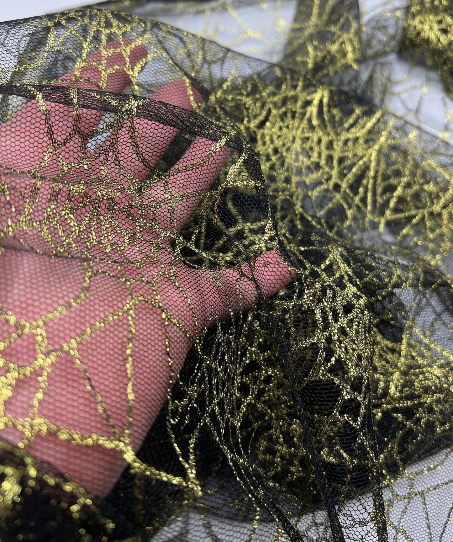 Gold Black Cobweb Halloween Print Mesh Fabric Stretch - T9 Fabrics