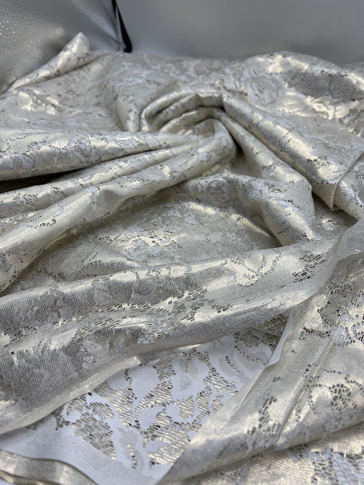 Gold Foil Finish White Floral Lace Fabric Stretch - T9 Fabrics