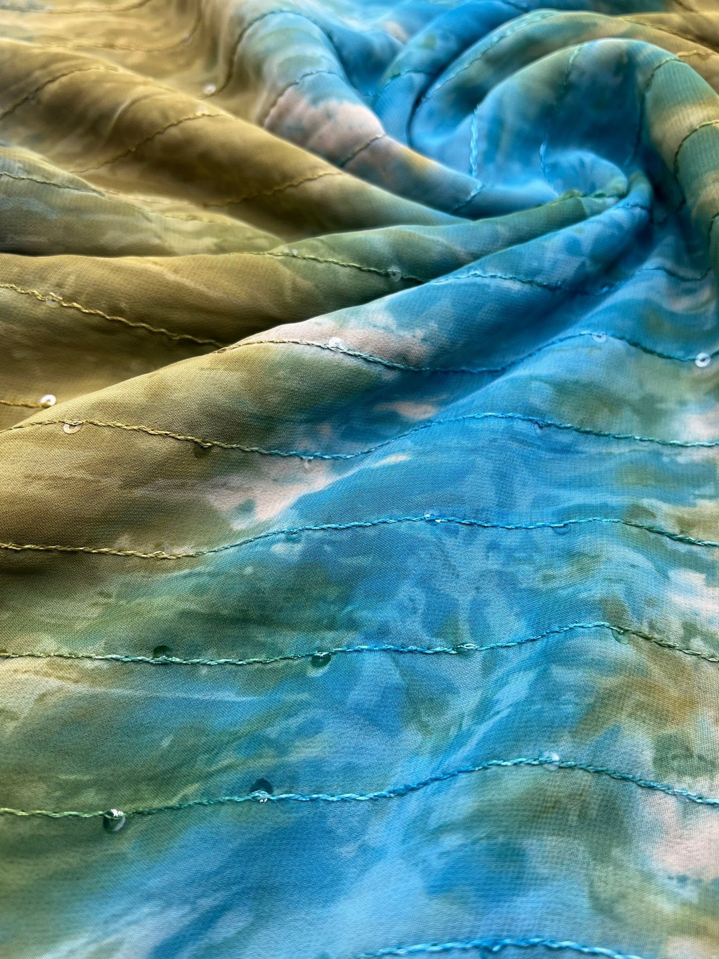 Green Blue Sequin Lightweight Non Stretch Woven Fabric - T9 Fabrics