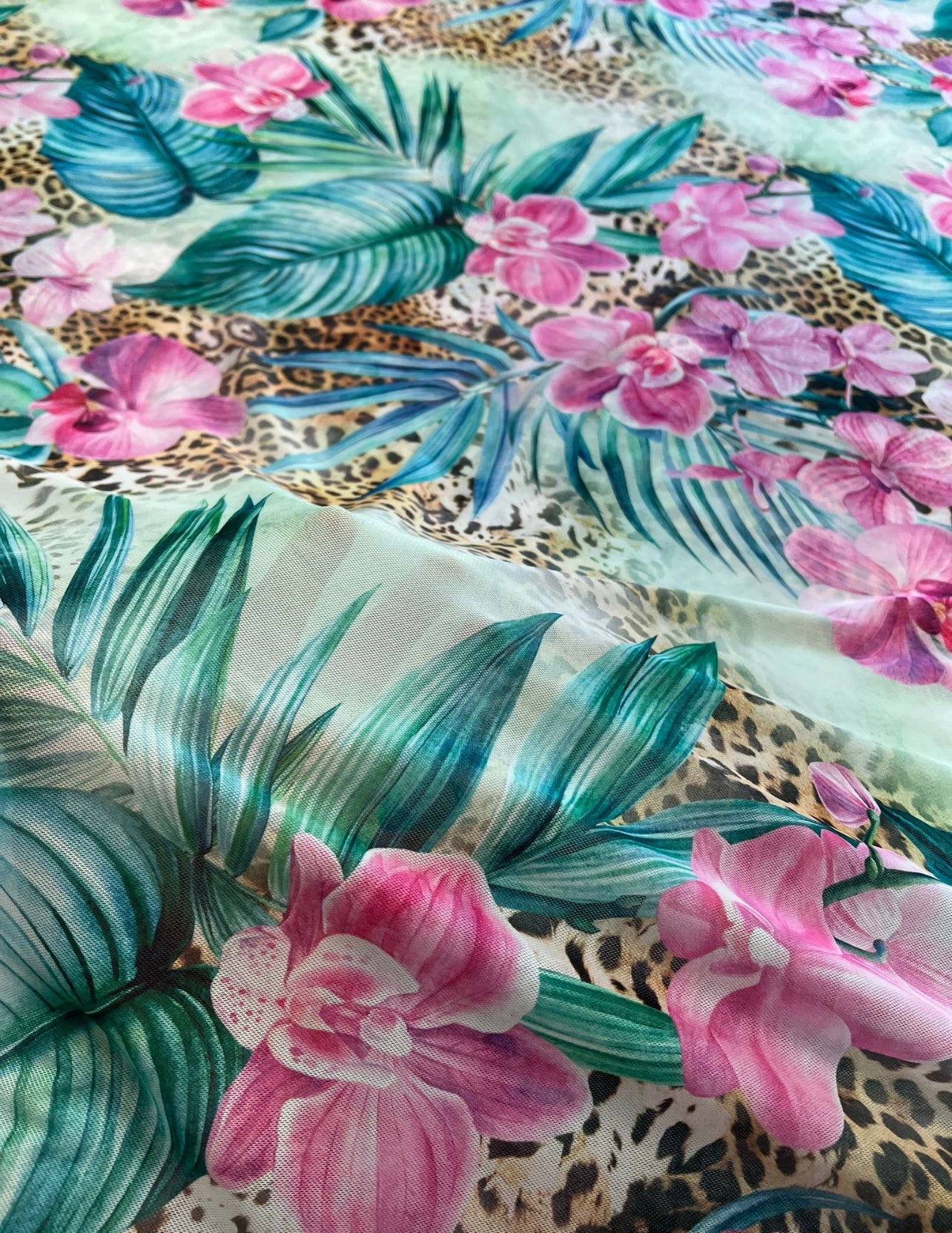 Green Floral Animal Print Mesh Fabric Stretch - T9 Fabrics
