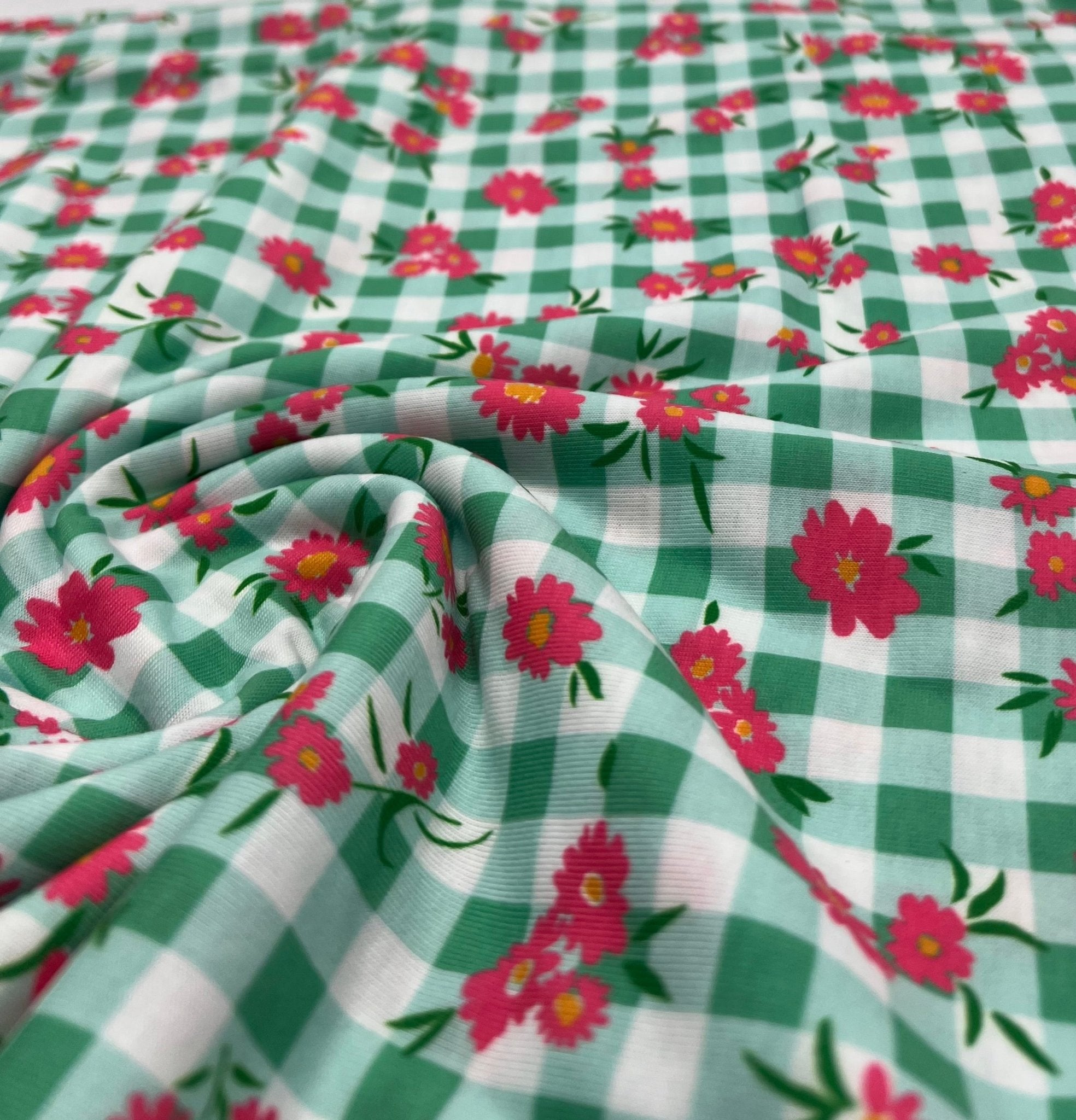 Green Gingham Floral Soft Print Spun Poly Stretch Fabric - T9 Fabrics