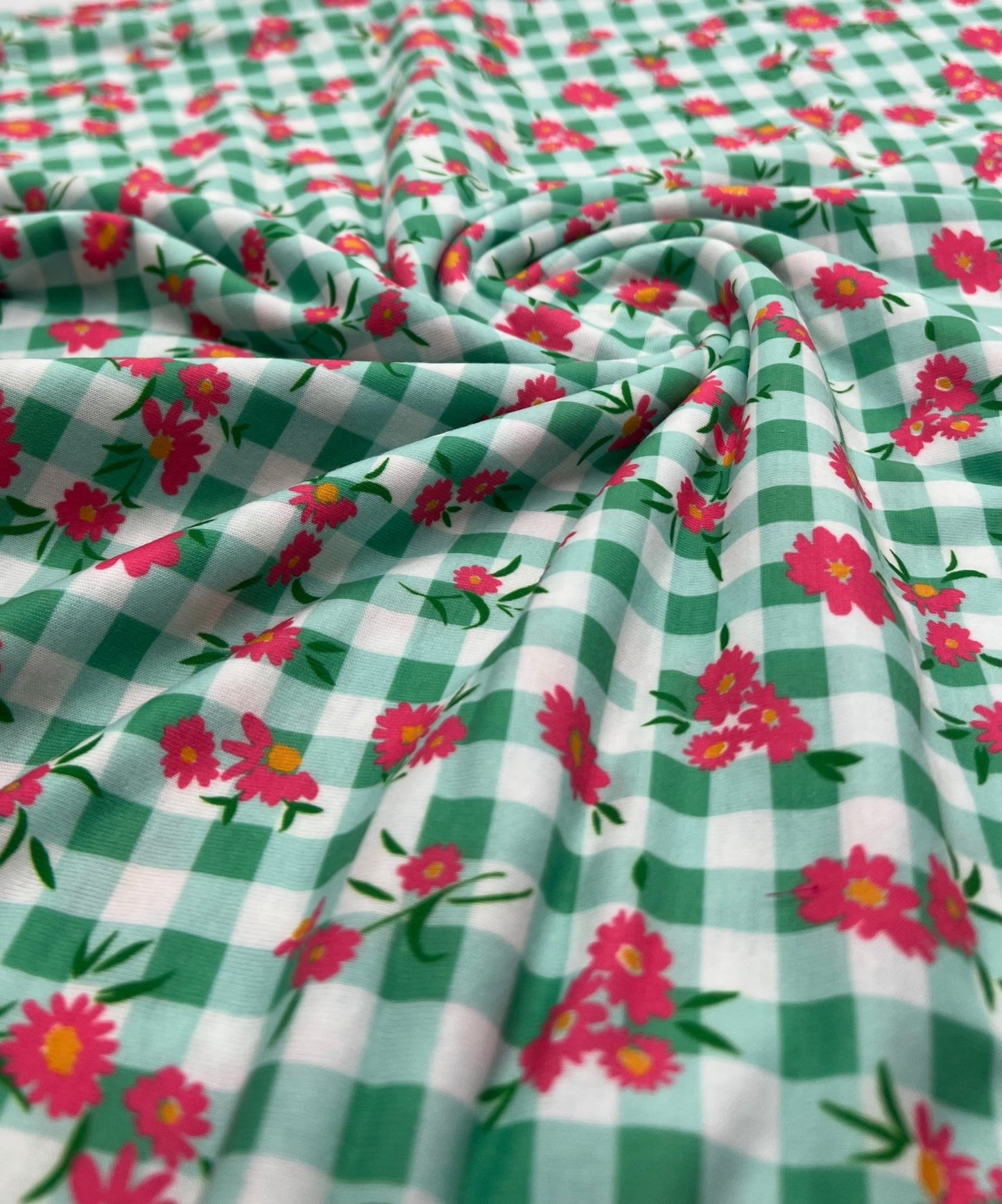 Green Gingham Floral Soft Print Spun Poly Stretch Fabric - T9 Fabrics