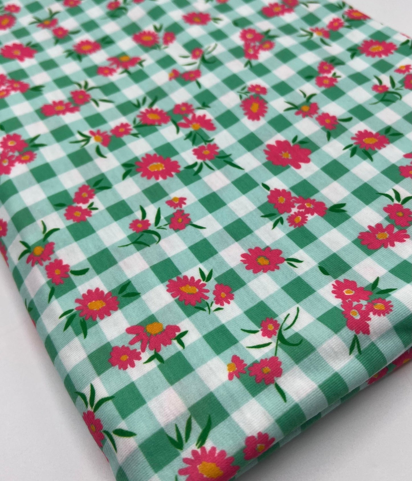 Green Gingham Floral Soft Print Spun Poly Stretch Fabric - T9 Fabrics