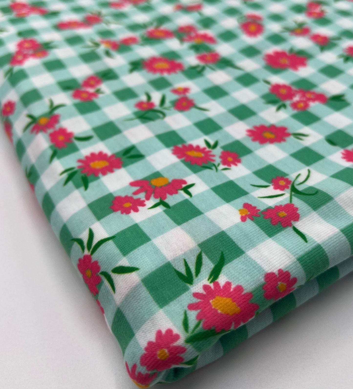 Green Gingham Floral Soft Print Spun Poly Stretch Fabric - T9 Fabrics