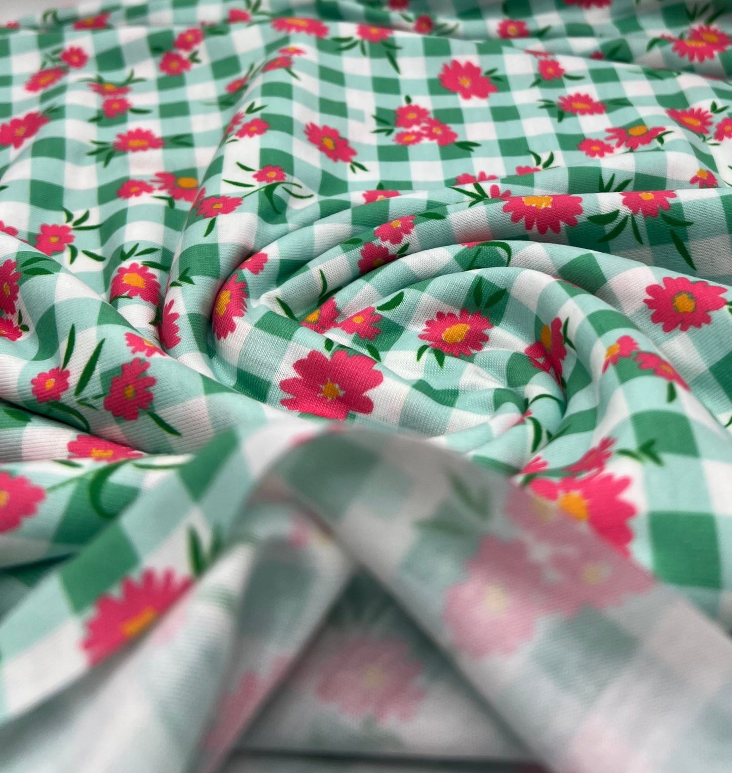 Green Gingham Floral Soft Print Spun Poly Stretch Fabric - T9 Fabrics
