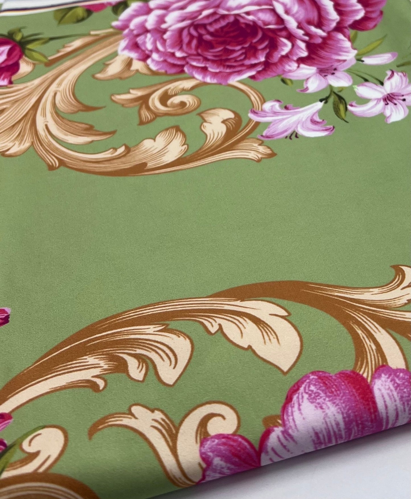 Green Gold Rose Print Soft Touch Stretch Fabric - T9 Fabrics