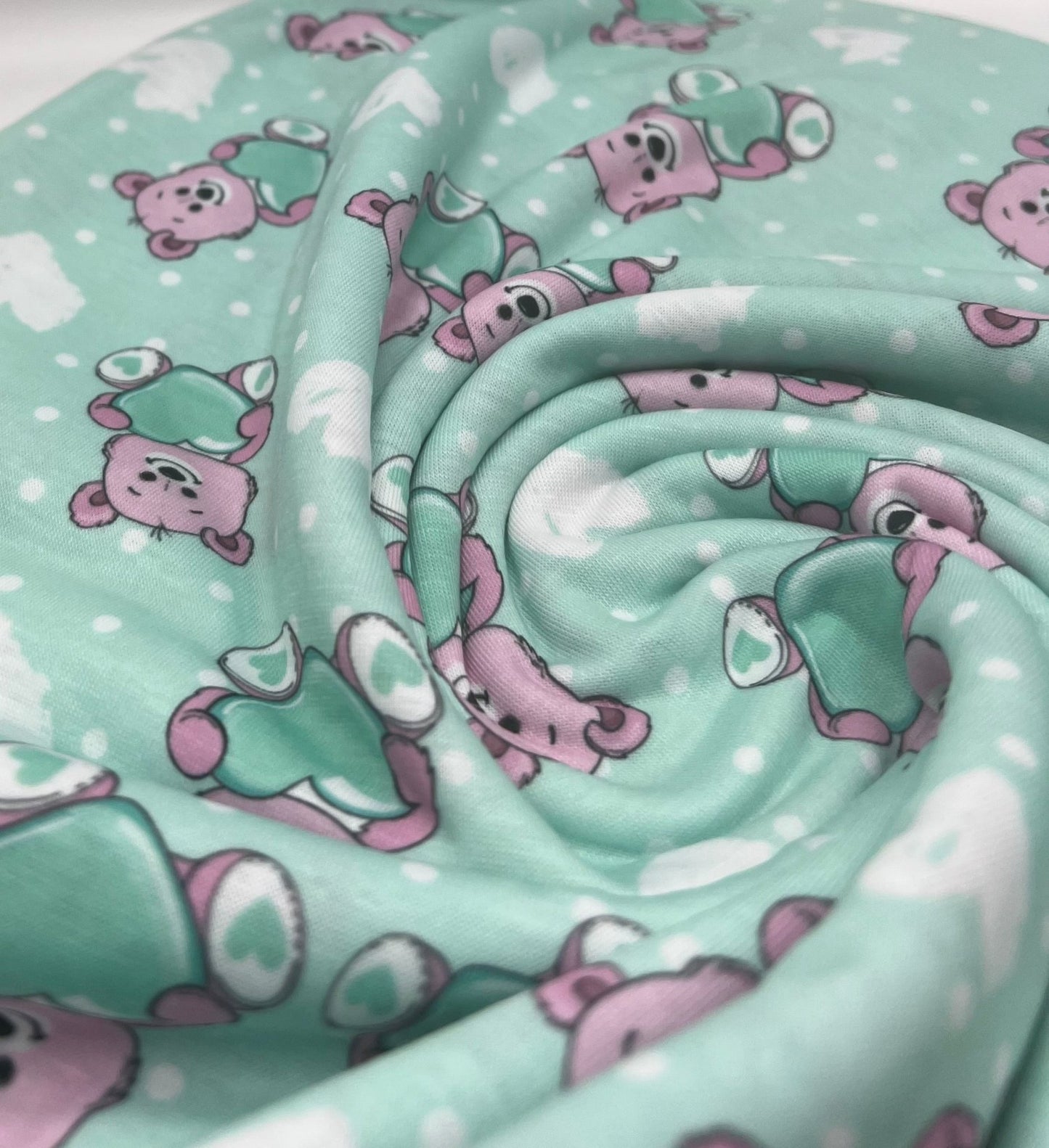Green Heart Bear Spun Poly Stretch Fabric - T9 Fabrics
