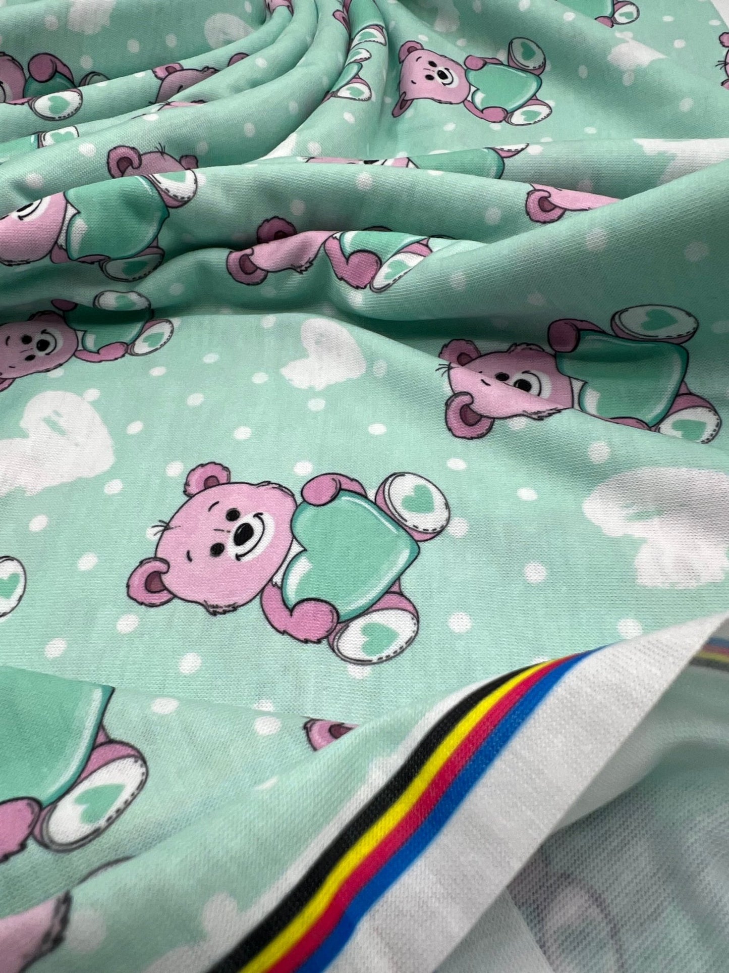 Green Heart Bear Spun Poly Stretch Fabric - T9 Fabrics