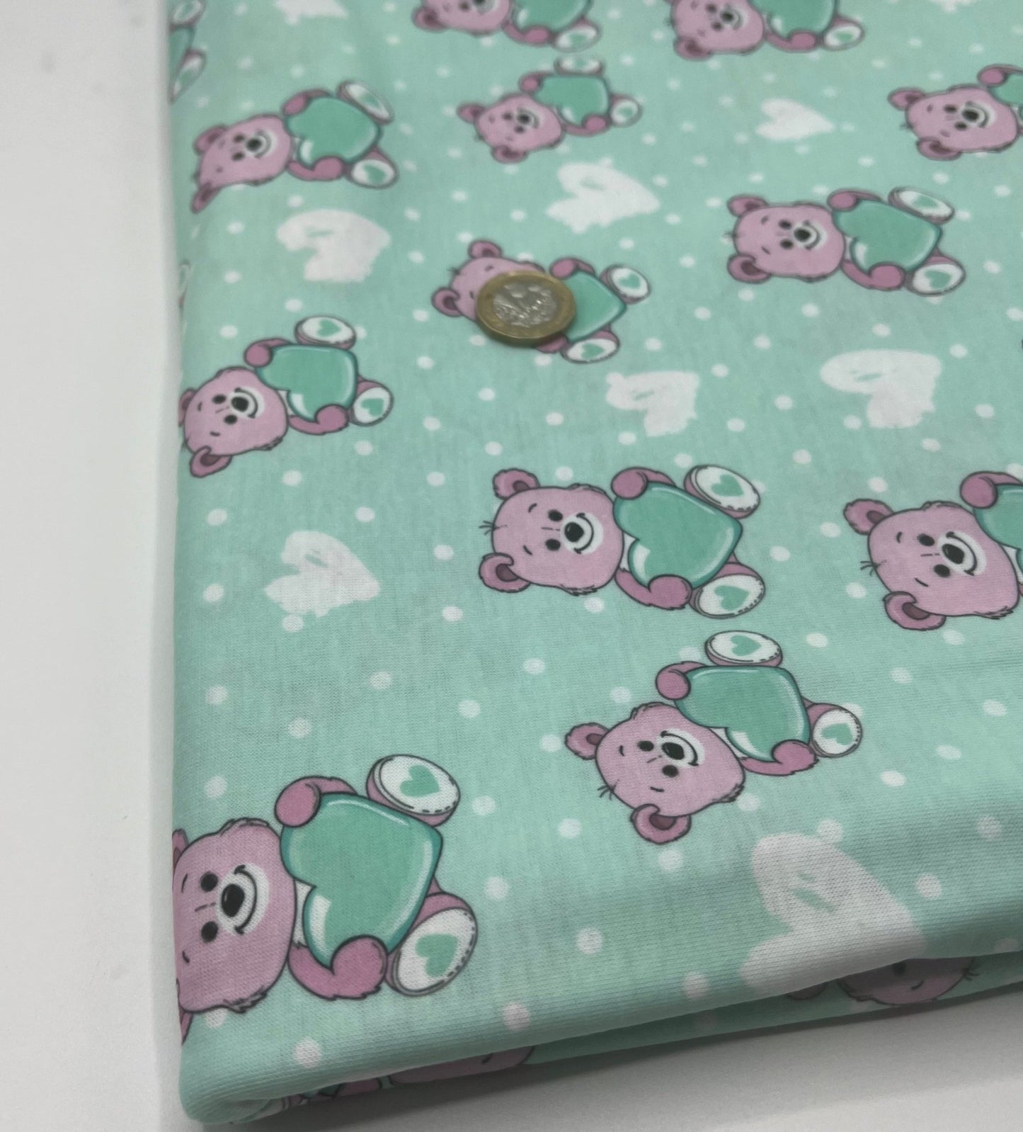 Green Heart Bear Spun Poly Stretch Fabric - T9 Fabrics