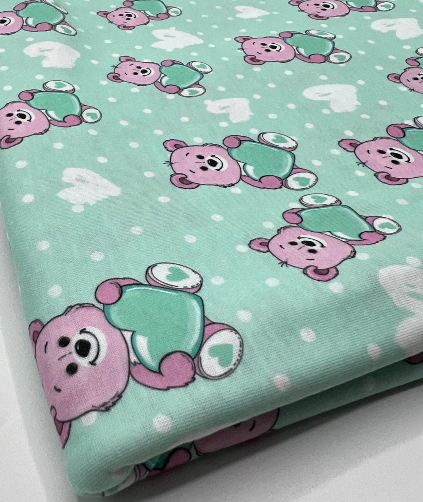 Green Heart Bear Spun Poly Stretch Fabric - T9 Fabrics