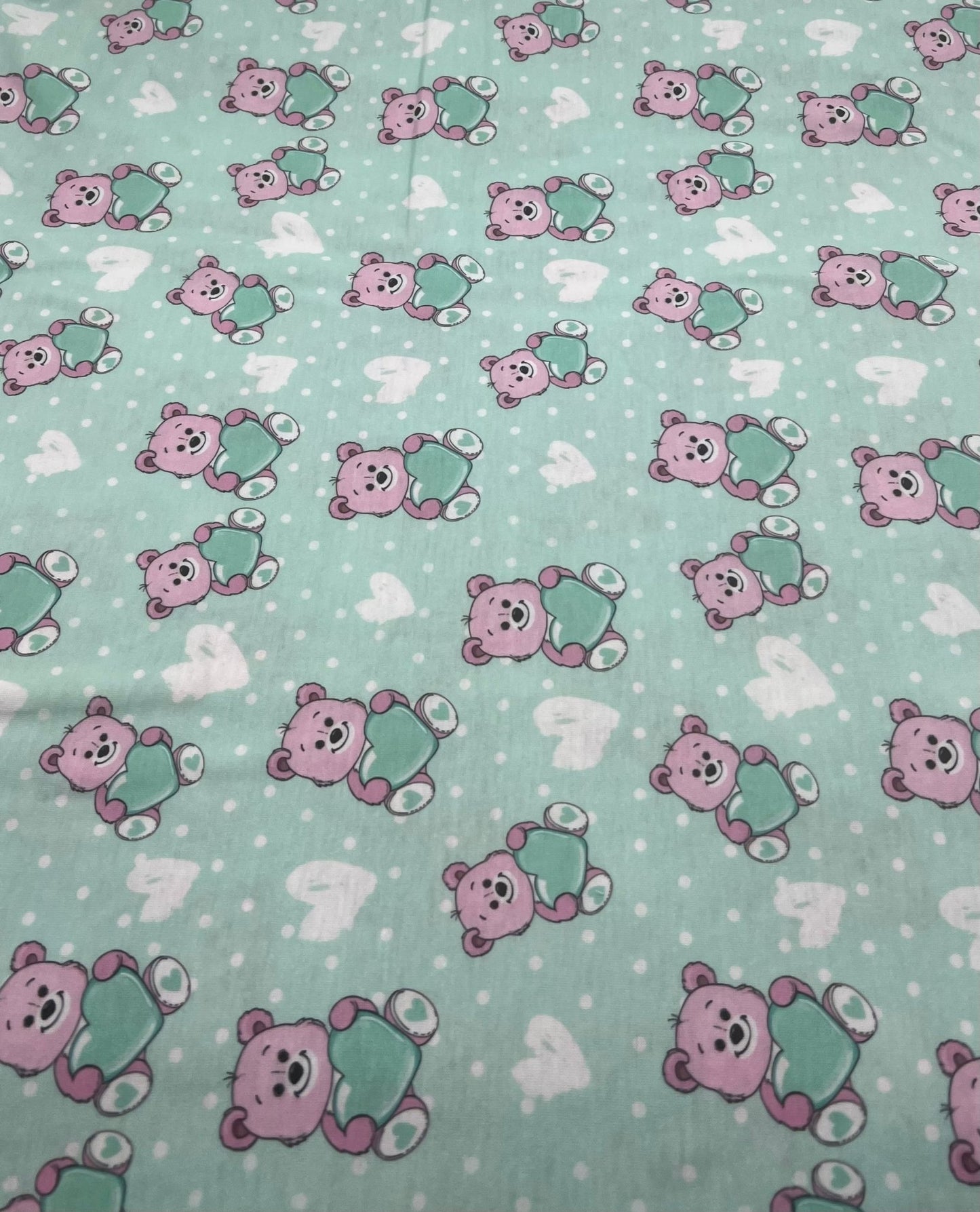 Green Heart Bear Spun Poly Stretch Fabric - T9 Fabrics