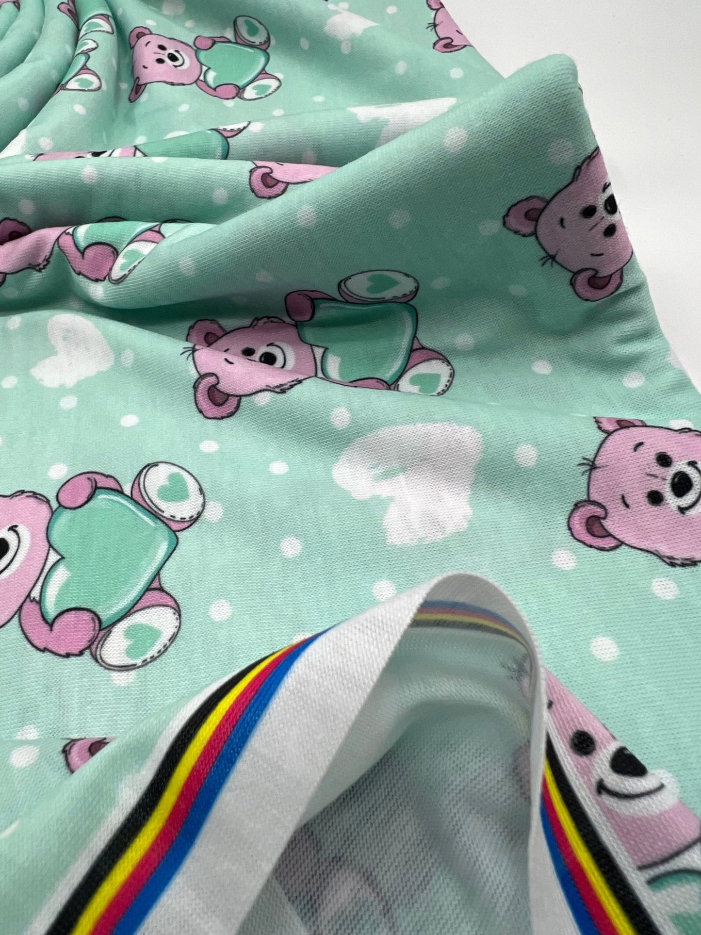 Green Heart Bear Spun Poly Stretch Fabric - T9 Fabrics