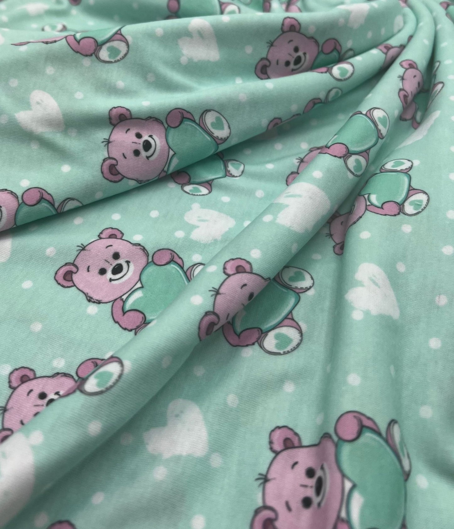 Green Heart Bear Spun Poly Stretch Fabric - T9 Fabrics