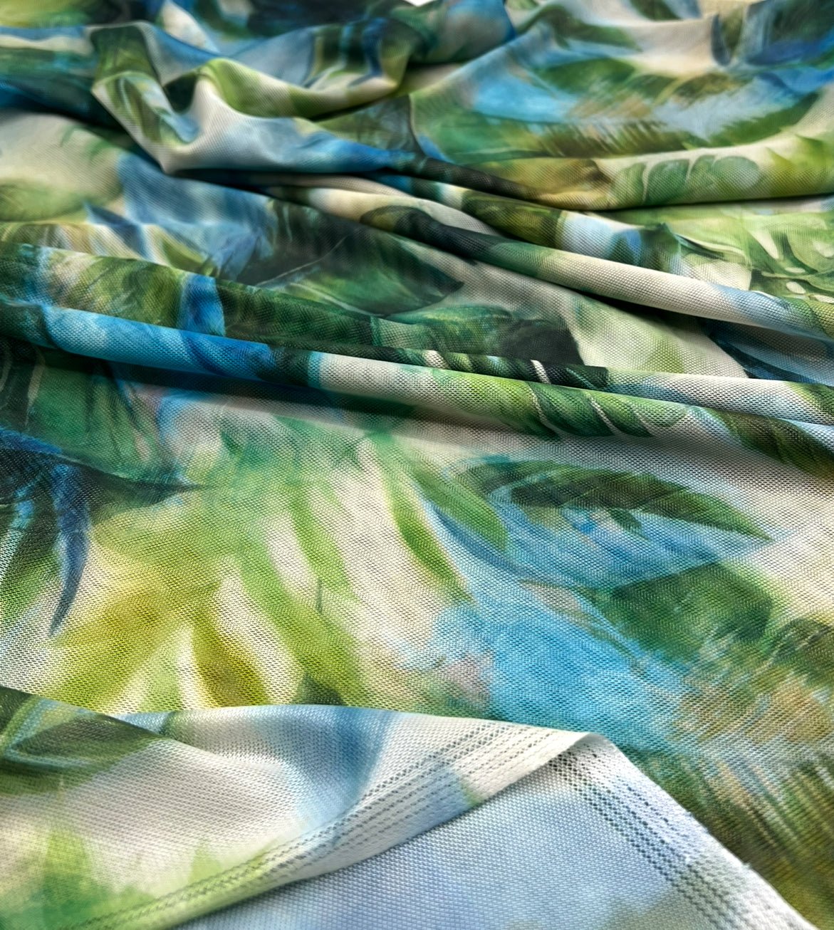 Green Jungle Leaf Print Mesh Fabric Stretch - T9 Fabrics