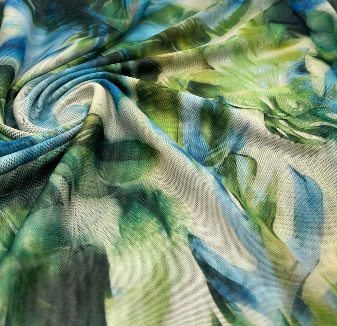 Green Jungle Leaf Print Mesh Fabric Stretch - T9 Fabrics