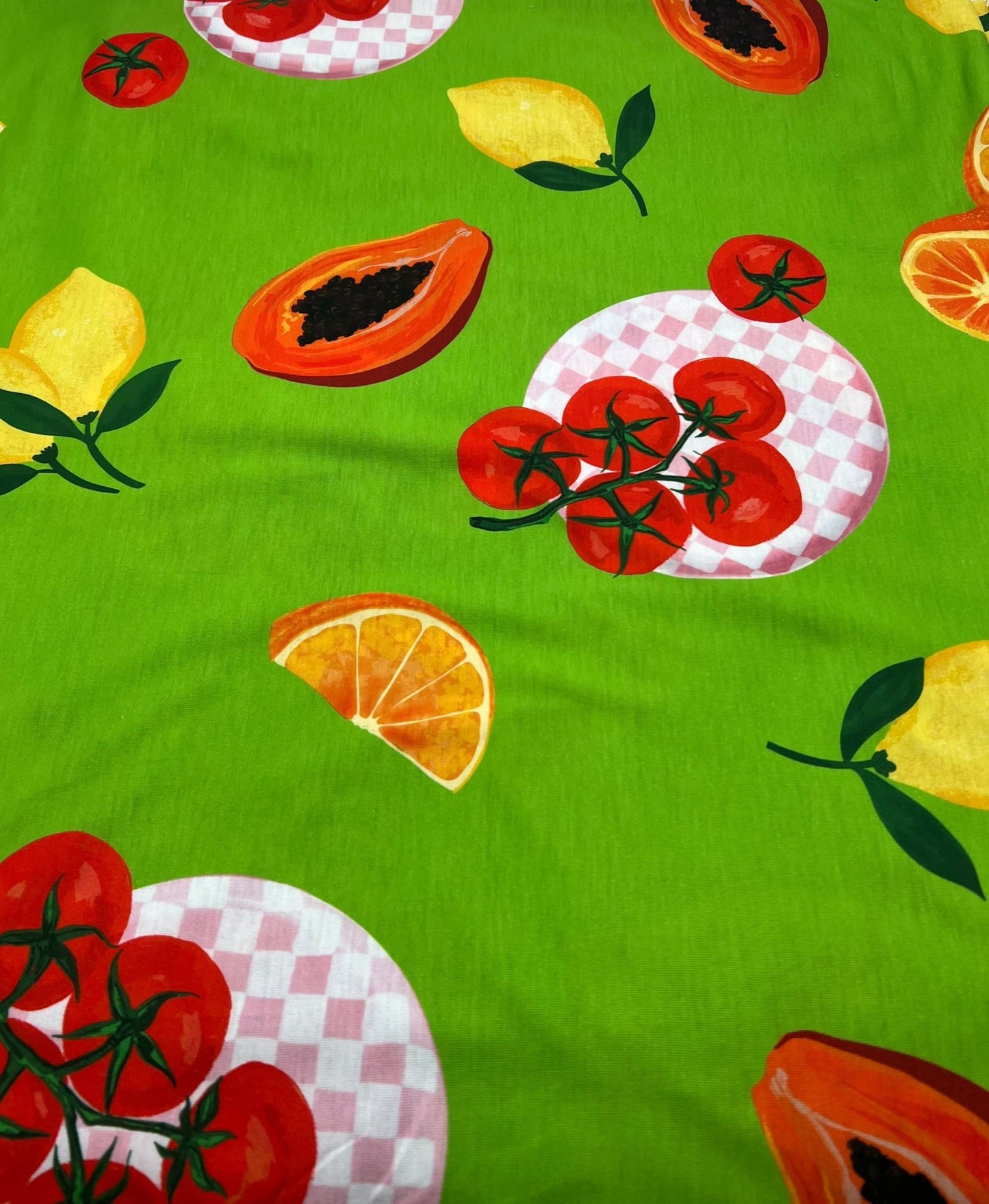 Green Large Fruit Print Spun Poly Stretch Fabric - T9 Fabrics