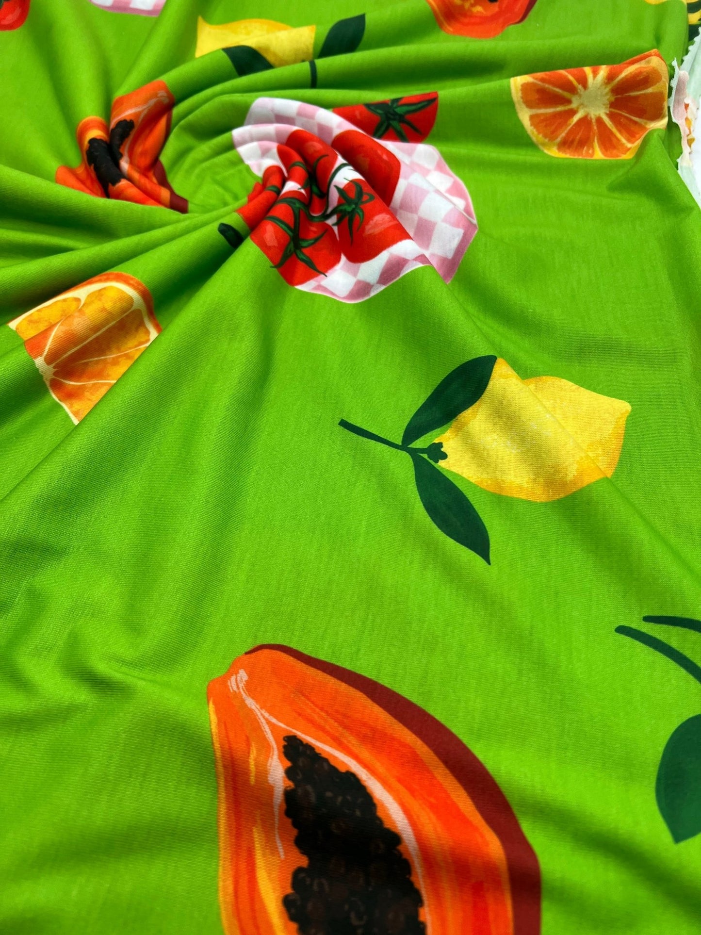 Green Large Fruit Print Spun Poly Stretch Fabric - T9 Fabrics