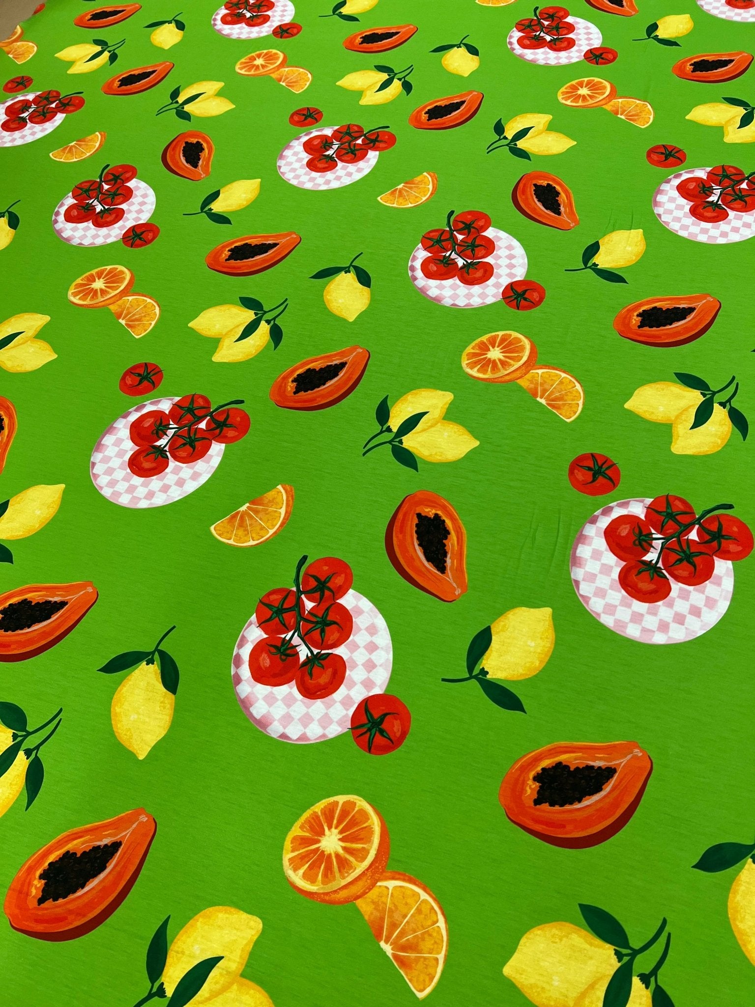 Green Large Fruit Print Spun Poly Stretch Fabric - T9 Fabrics