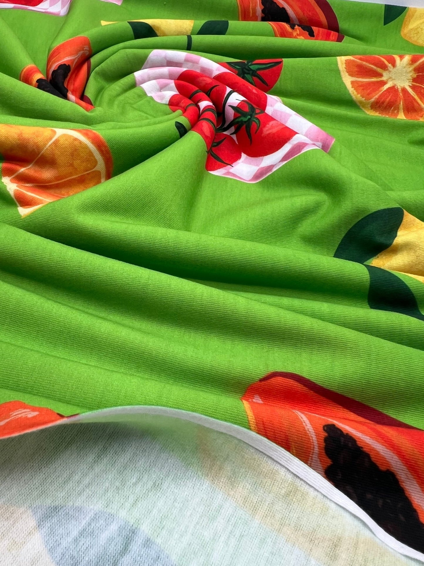 Green Large Fruit Print Spun Poly Stretch Fabric - T9 Fabrics
