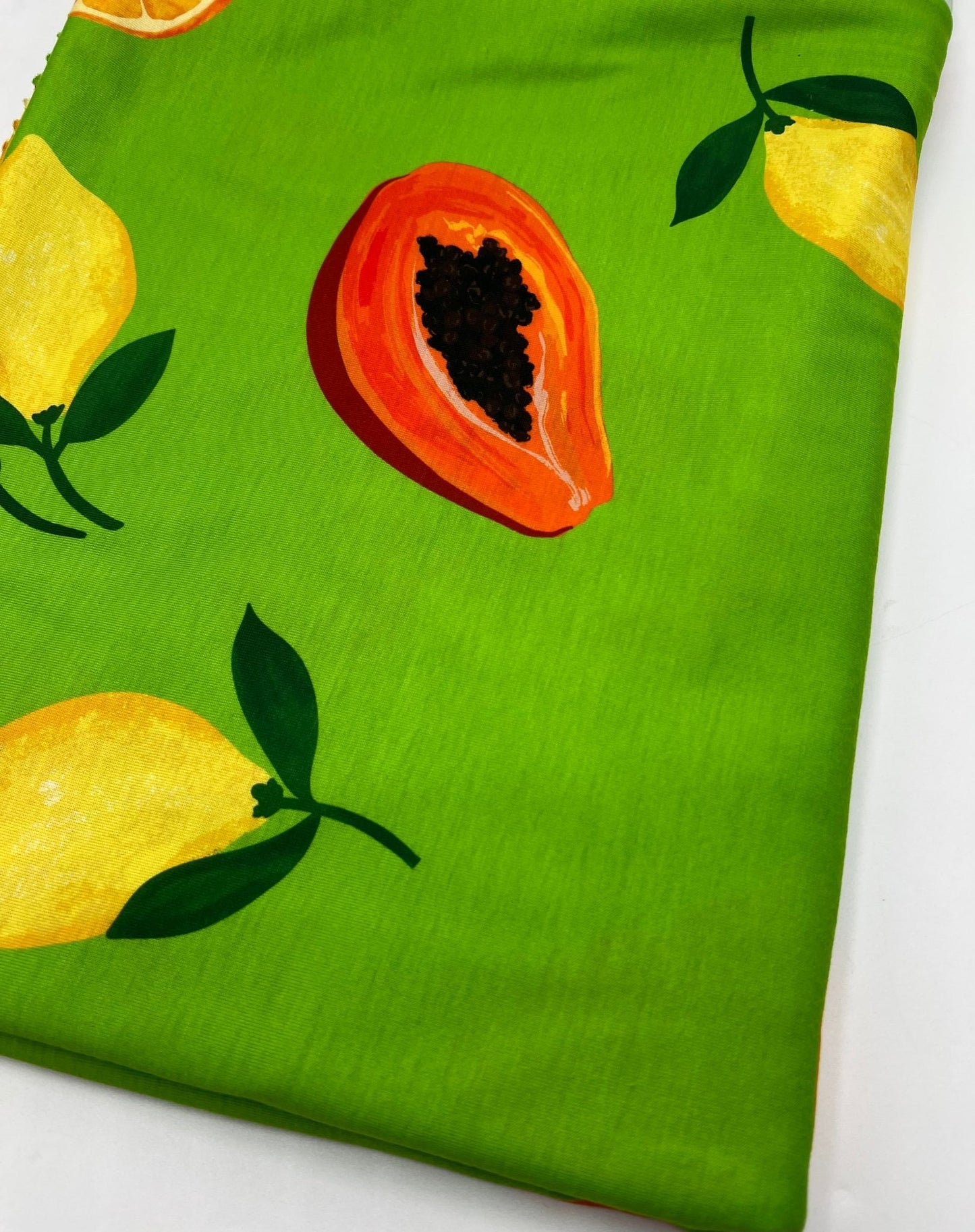 Green Large Fruit Print Spun Poly Stretch Fabric - T9 Fabrics