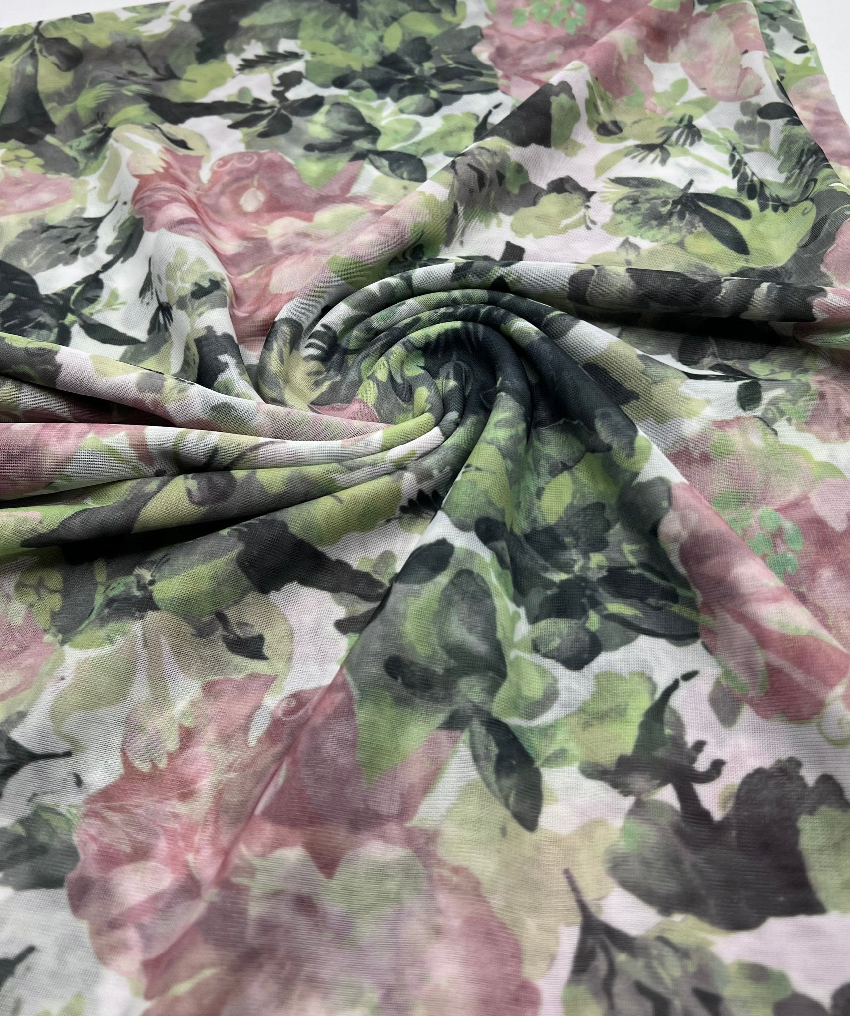 Green Rose Floral Mix Mesh Fabric Stretch - T9 Fabrics