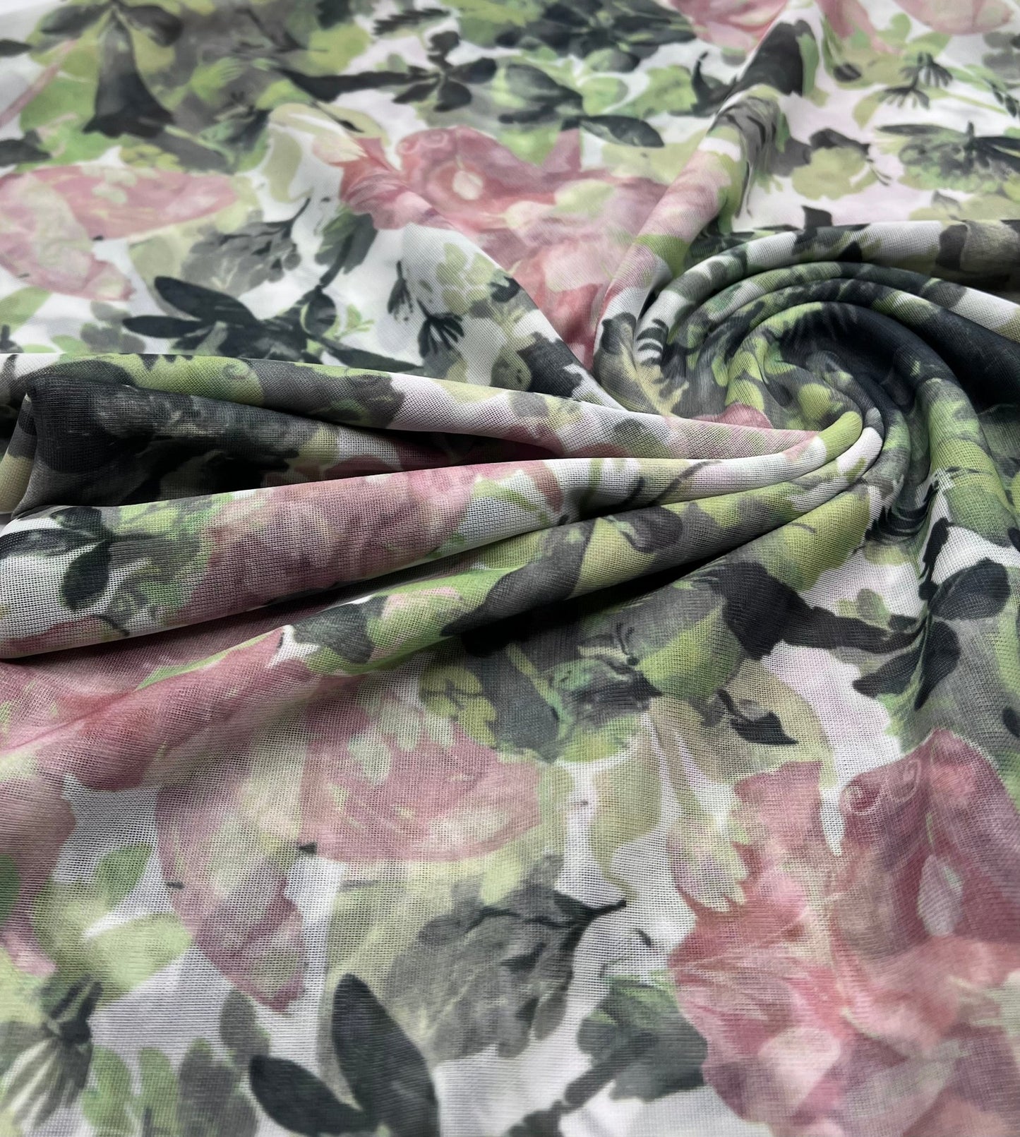 Green Rose Floral Mix Mesh Fabric Stretch - T9 Fabrics