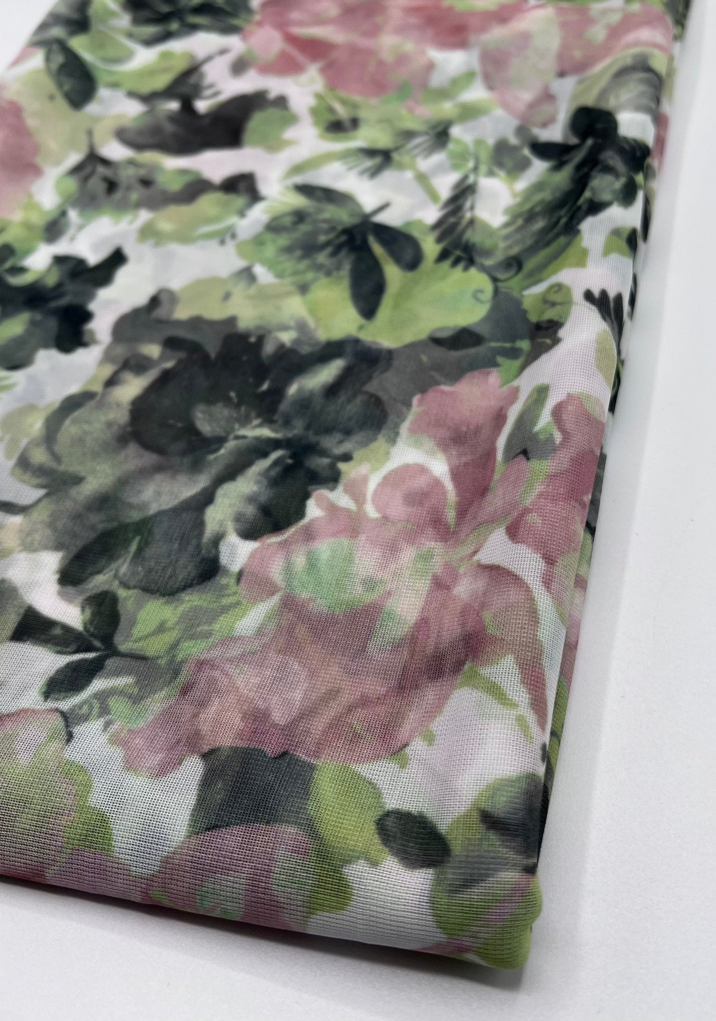 Green Rose Floral Mix Mesh Fabric Stretch - T9 Fabrics