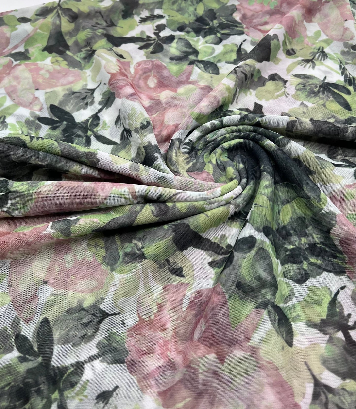 Green Rose Floral Mix Mesh Fabric Stretch - T9 Fabrics
