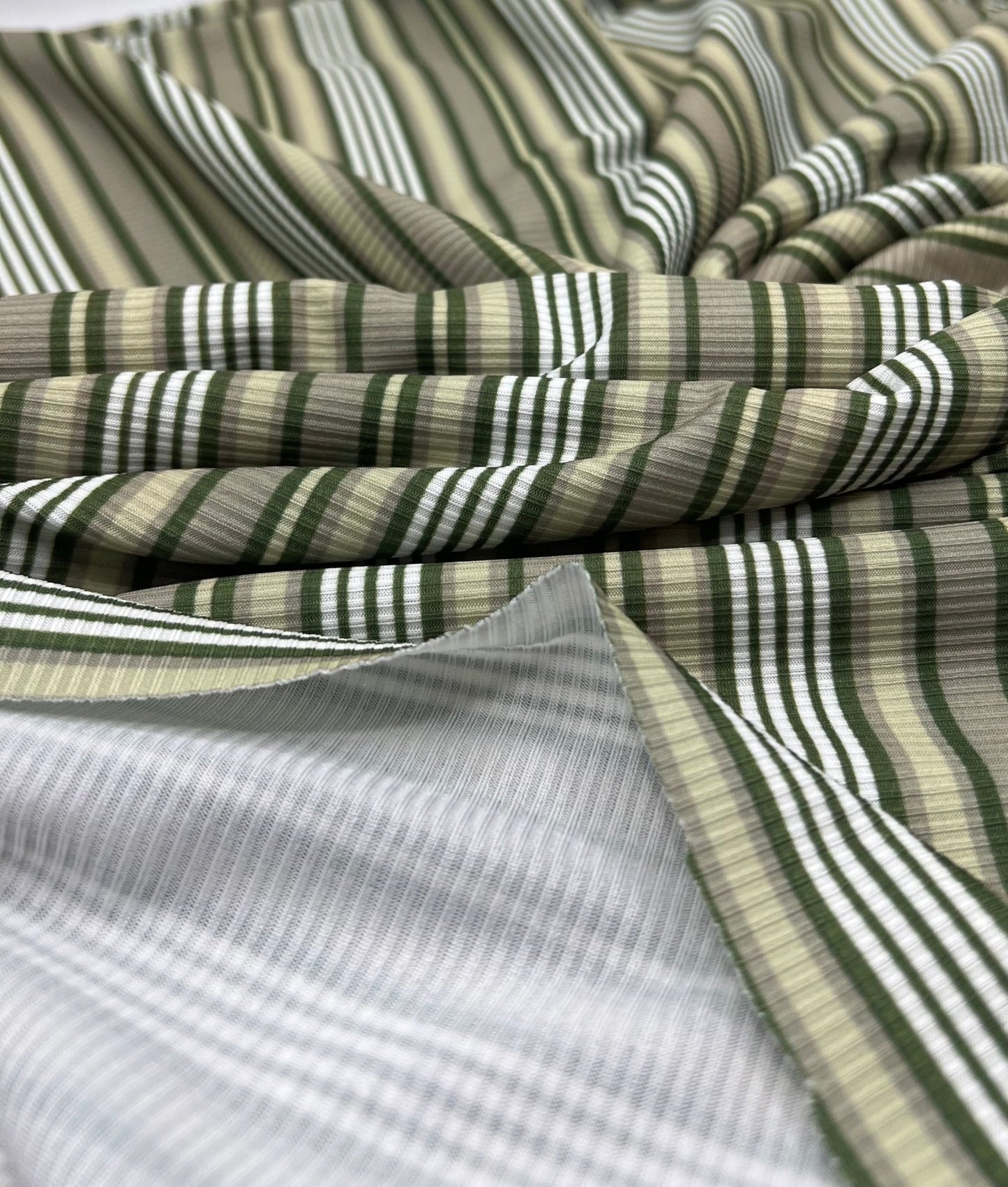 Green Stripe Print 2X1 Fine Rib Stretch Fabric - T9 Fabrics