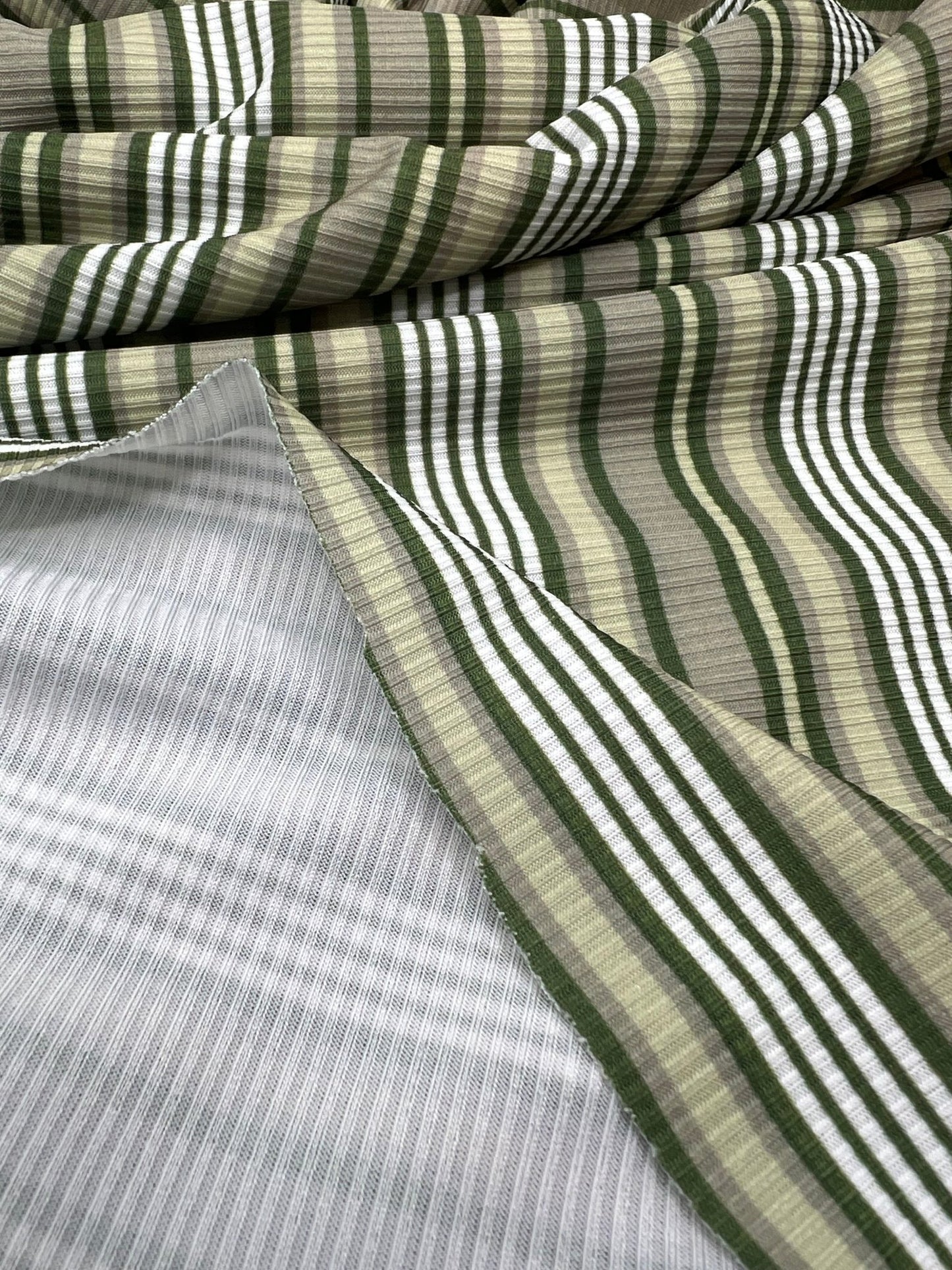 Green Stripe Print 2X1 Fine Rib Stretch Fabric - T9 Fabrics