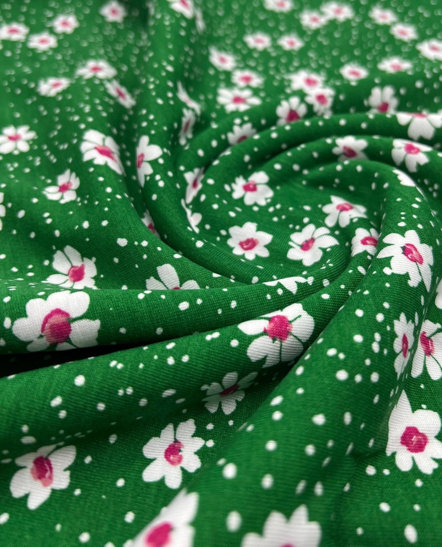 Green White Floral Spot Print Viscose Elastane 4 Way Stretch Fabric - T9 Fabrics