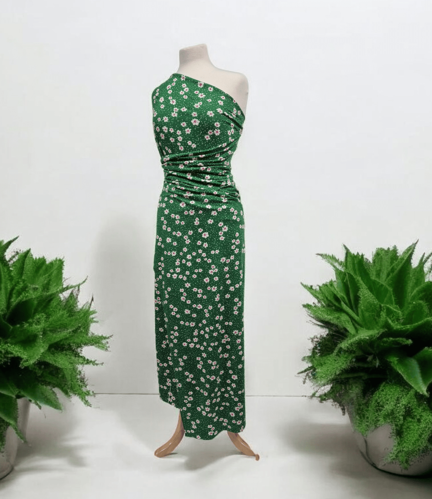 Green White Floral Spot Print Viscose Elastane 4 Way Stretch Fabric - T9 Fabrics