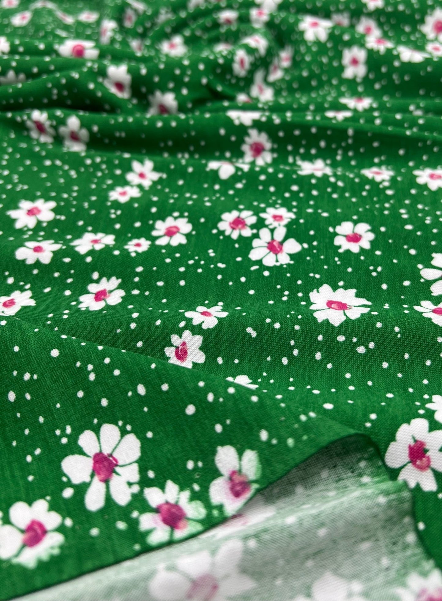 Green White Floral Spot Print Viscose Elastane 4 Way Stretch Fabric - T9 Fabrics