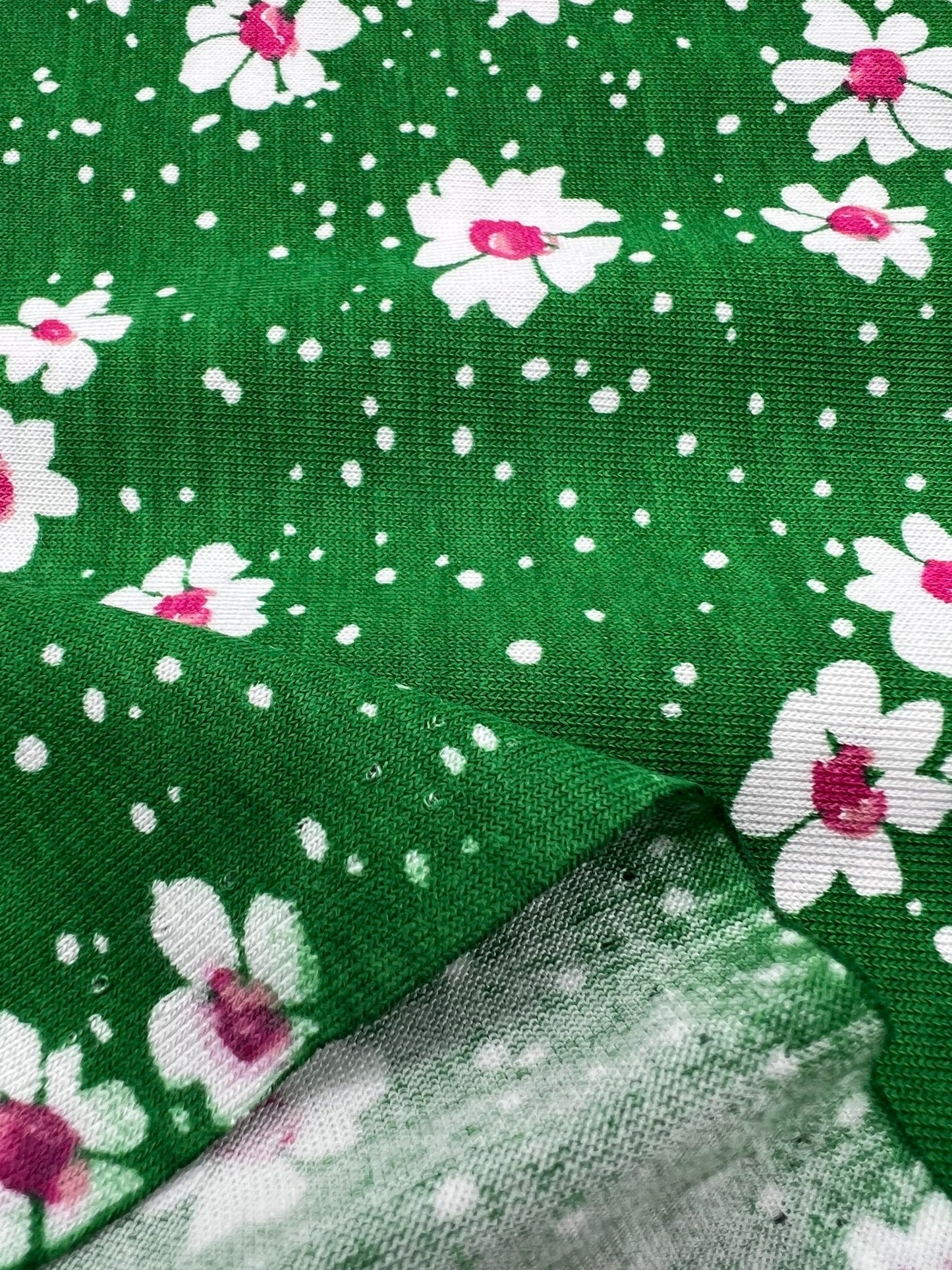 Green White Floral Spot Print Viscose Elastane 4 Way Stretch Fabric - T9 Fabrics