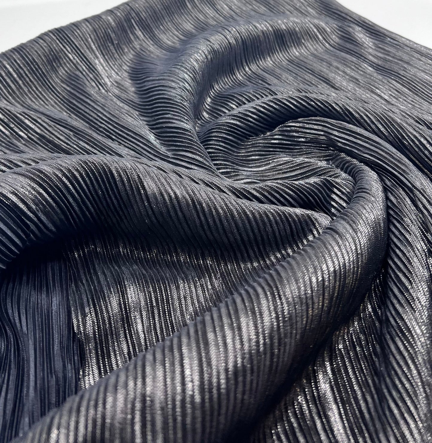 Grey Metallic Shiny Foil Plisse Pleated Stretch Fabric - T9 Fabrics
