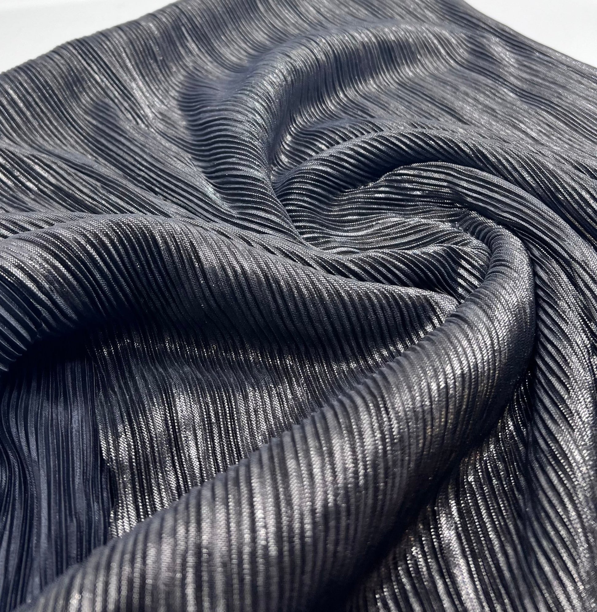 Grey Metallic Shiny Foil Plisse Pleated Stretch Fabric - T9 Fabrics