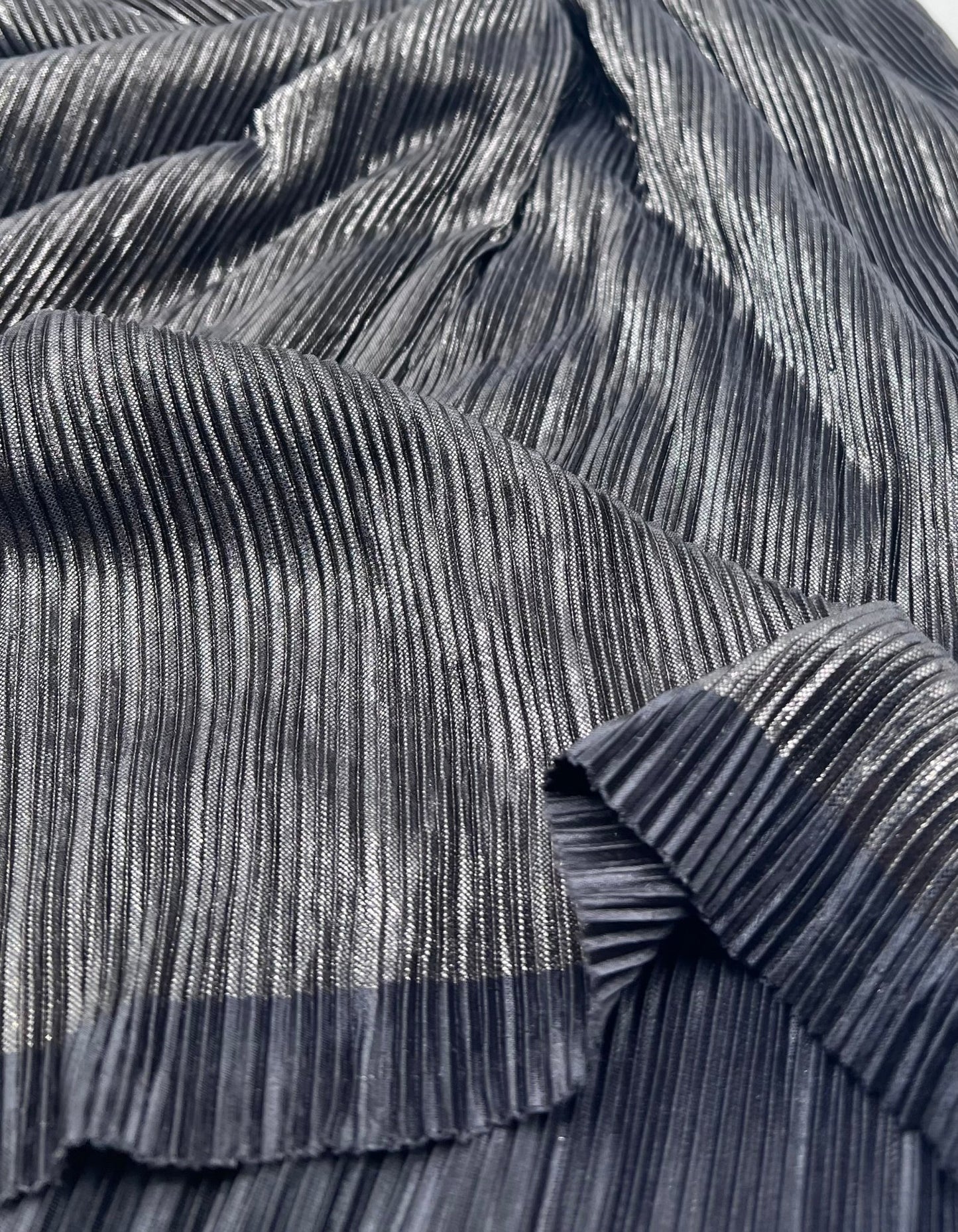 Grey Metallic Shiny Foil Plisse Pleated Stretch Fabric - T9 Fabrics